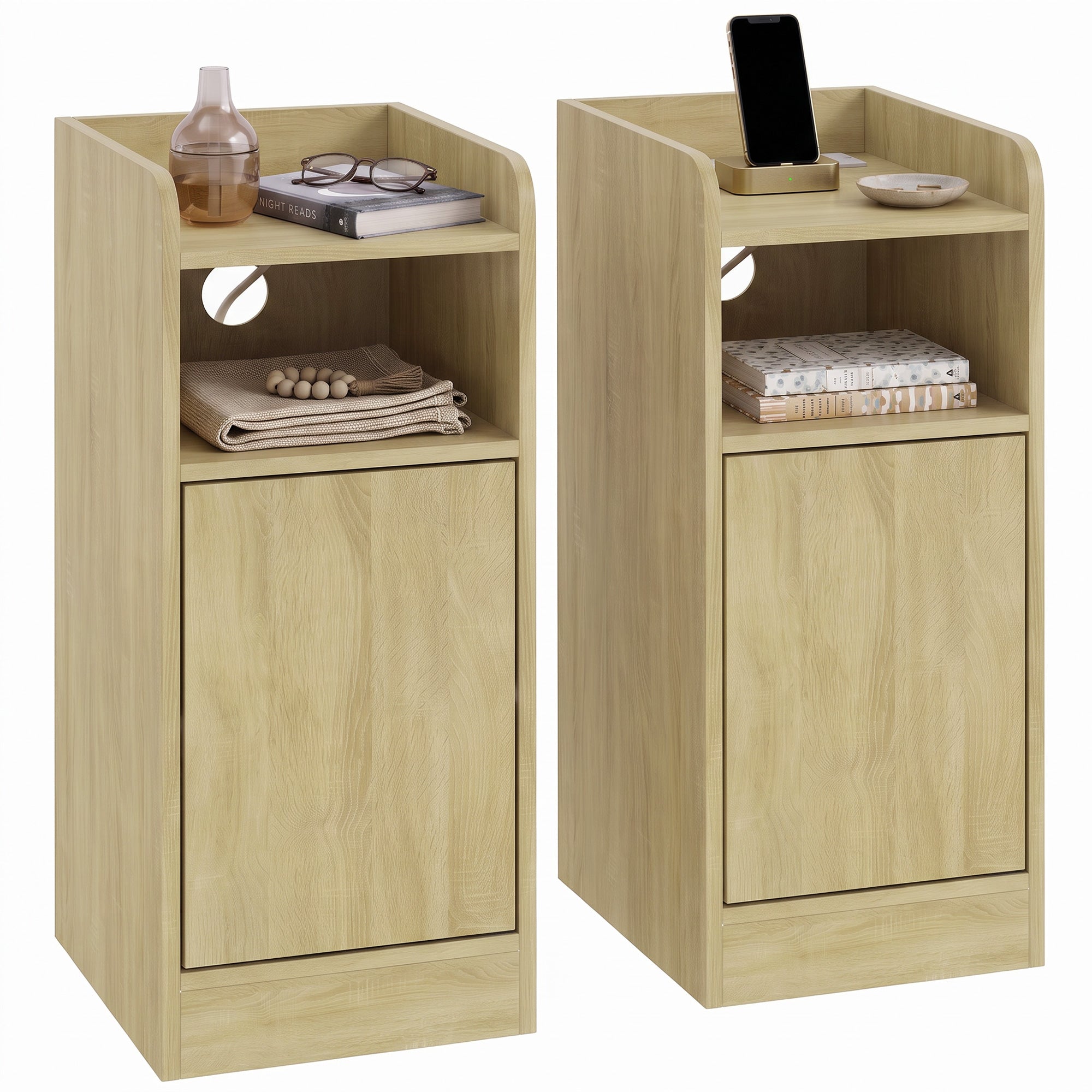 Slim Bedside Table Set of 2 with Charging Station, Narrow Bedside Cabinet with Open Compartment, Adjustable Shelf and Cupboard, Side End Table for Bedroom Living Room Compact Nooks, Oak