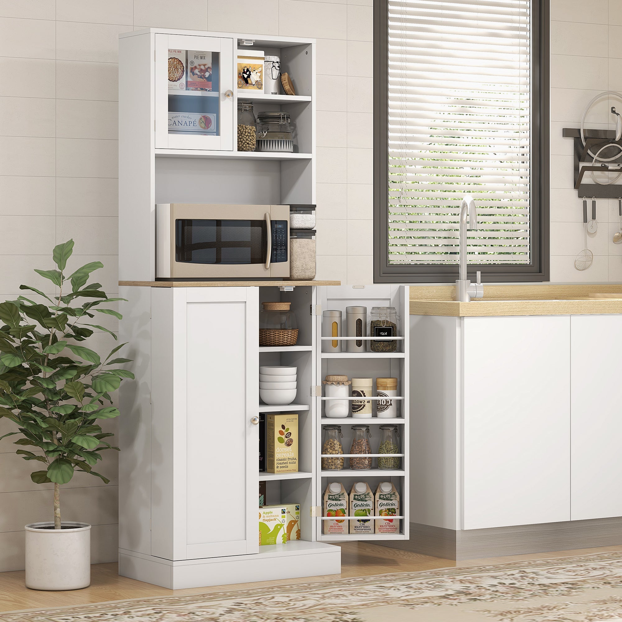 169cm Kitchen Cupboard, Freestanding Storage Cabinet with Microwave Shelf, Adjustable Shelves & 8 Door Storage, Modern Kitchen Pantry with Glass Door for Living Room, Dining Room, White