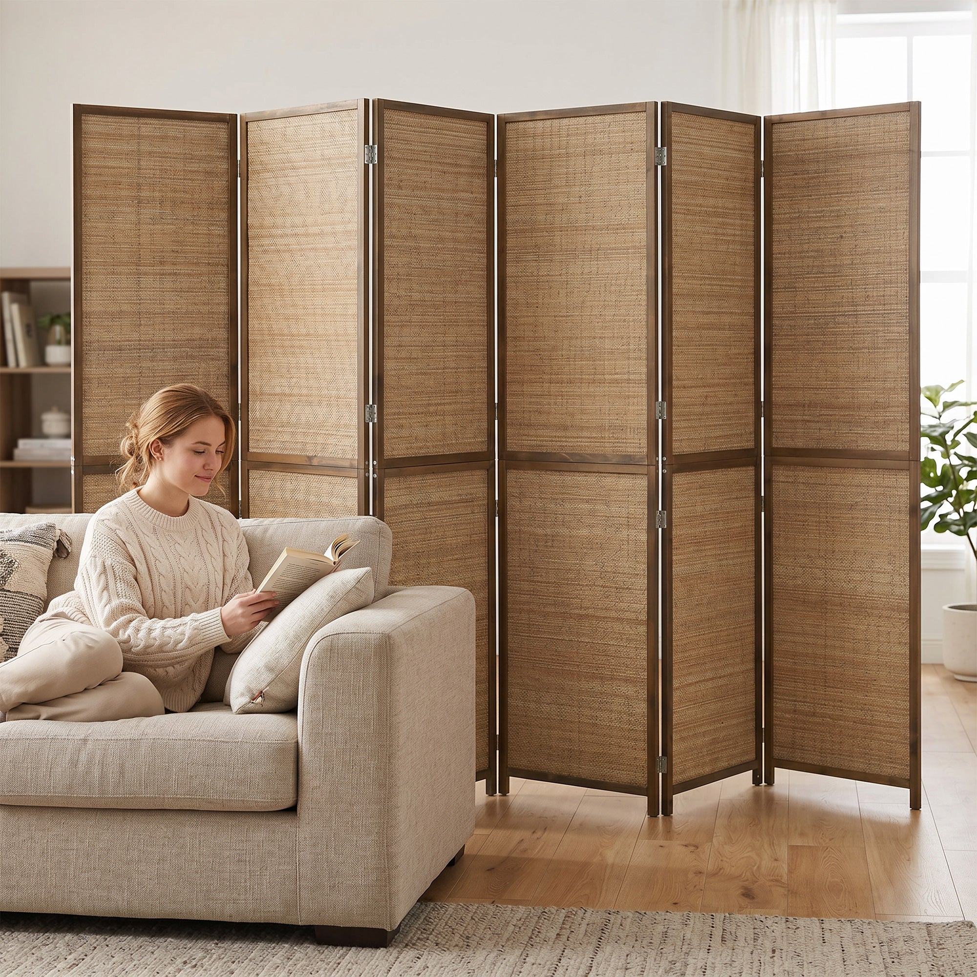 Room Divider, 6 FT Tall Folding Privacy Screen, 6 Panel Hand-Woven Bamboo Wall Partition for Room Separation, Portable Boho Freestanding Wall Divider for Bedroom, Home Office, Brown