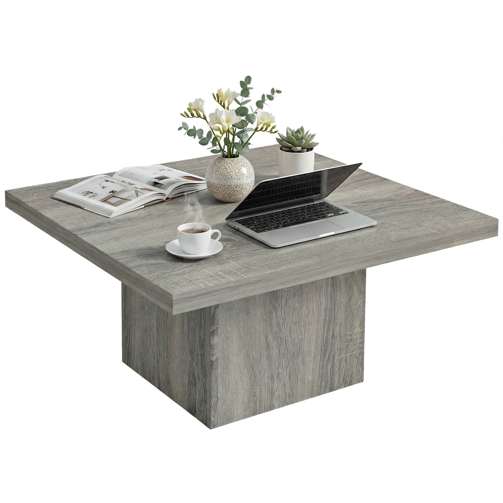 Square Coffee Table, Center Table with 1.6" Thick Tabletop for Living Room, Easy Assembly, 31.5"x31.5", Gray Wood Grain