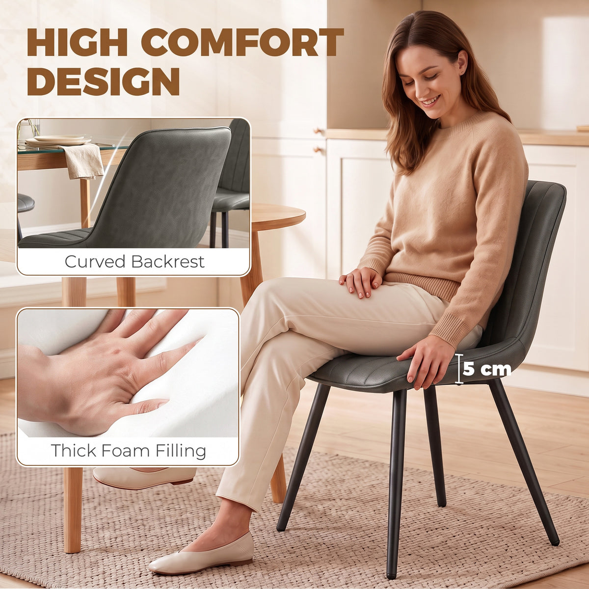 Modern Dining Chairs Set of 2, Curved Faux Leather Upholstered Kitchen Chairs with Metal Legs for Dining Room, Kitchen, Living Room, Grey