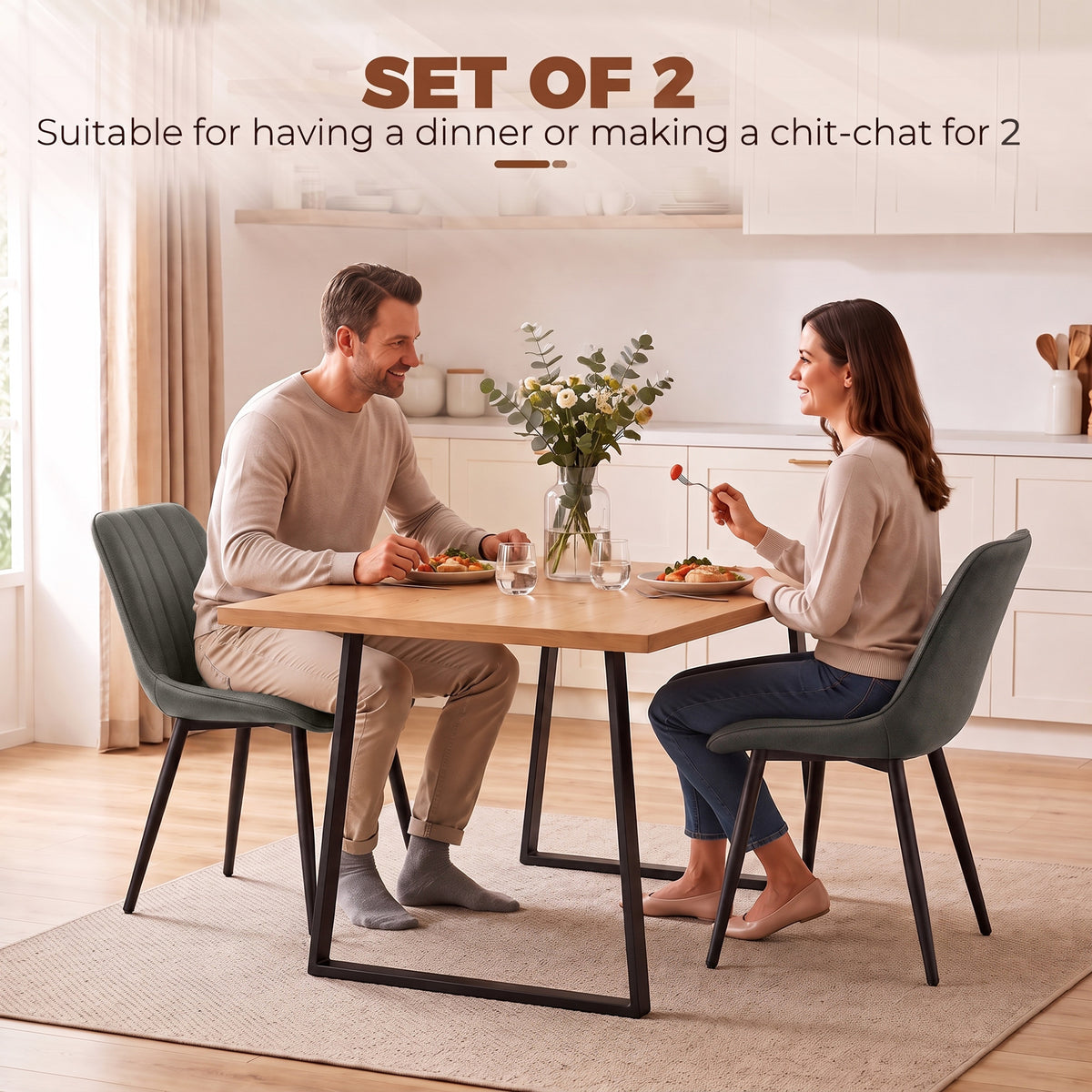 Modern Dining Chairs Set of 2, Curved Faux Leather Upholstered Kitchen Chairs with Metal Legs for Dining Room, Kitchen, Living Room, Grey