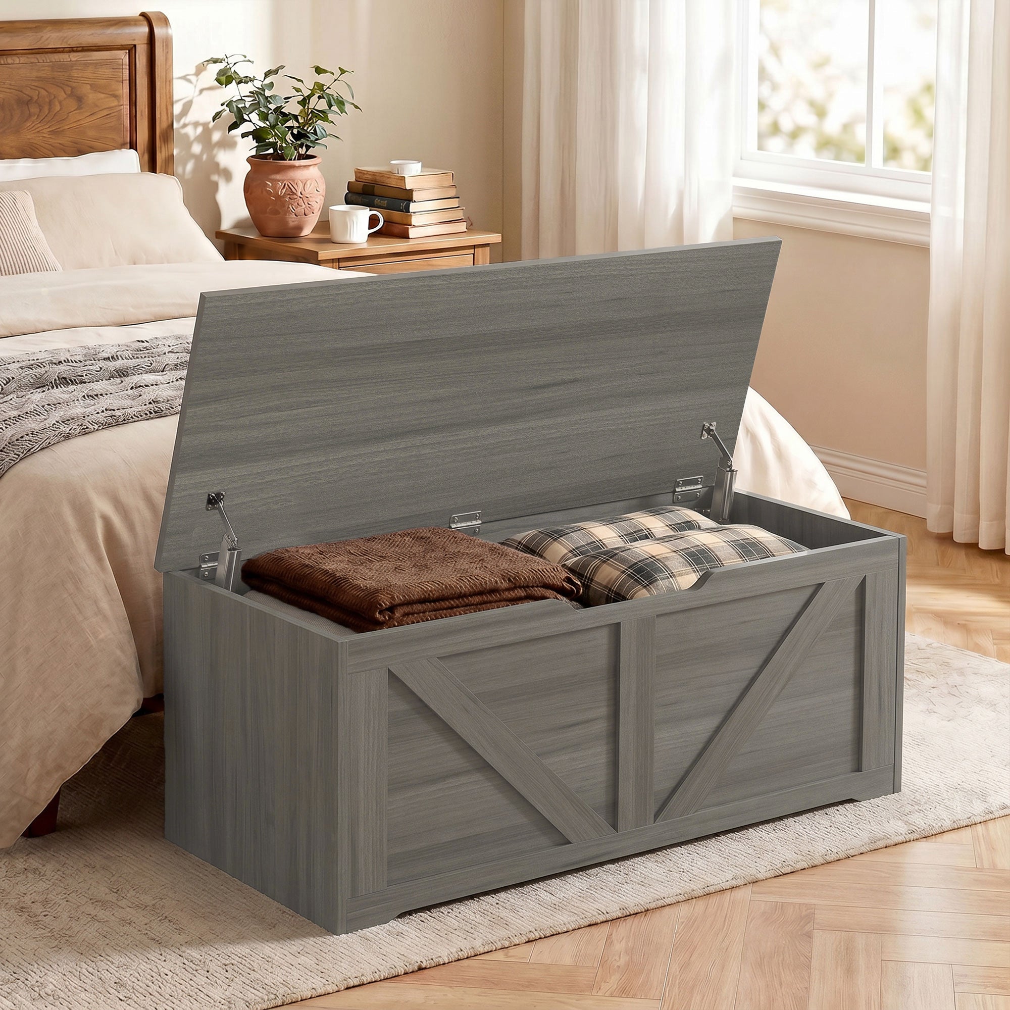 127L Storage Chest, Shoe Storage Trunk Bench Box with 2 Safety Hinges and U-shaped Cut-out Pull, Blanket Box Ottoman for Bedroom, Living Room, Entryway, 100 x 40 x 45 cm, Dark Grey Wood-Effect