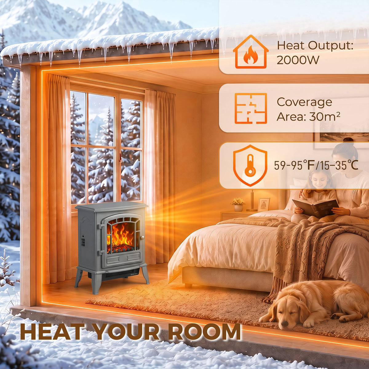 Electric Fireplace Stove Freestanding Log Burner, 1000W/2000W, Portable Electric Fire Fan Heater with LED Flame Effect, Adjustable Thermostat, Overheat Protection, Grey