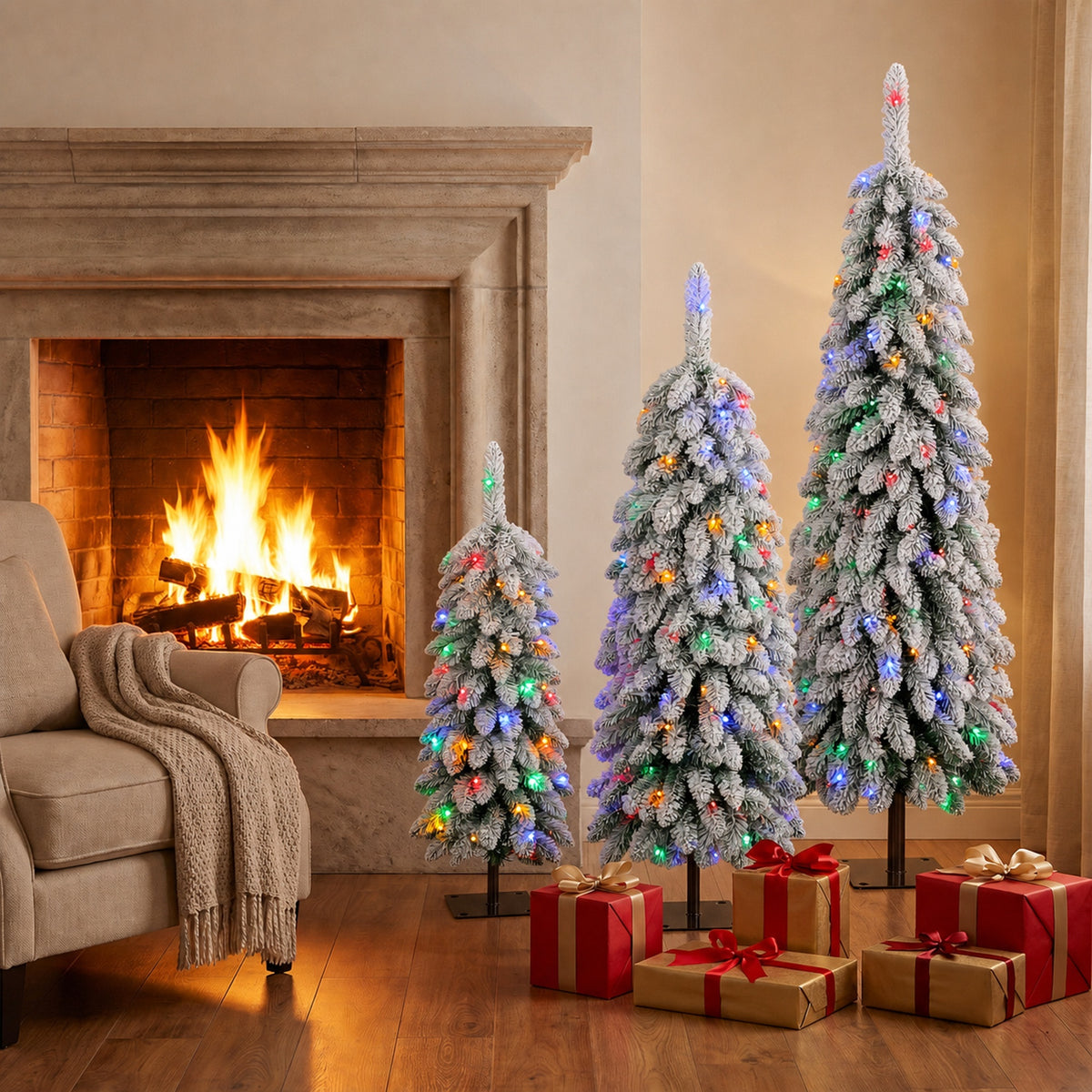 Artificial Christmas Tree Set of 3, Snowy Pre-Lit Christmas Trees with PVC Branch Tips and Multicolour LED Lights, Slim Pencil Xmas Decorations, 90/120/150 cm, Green White