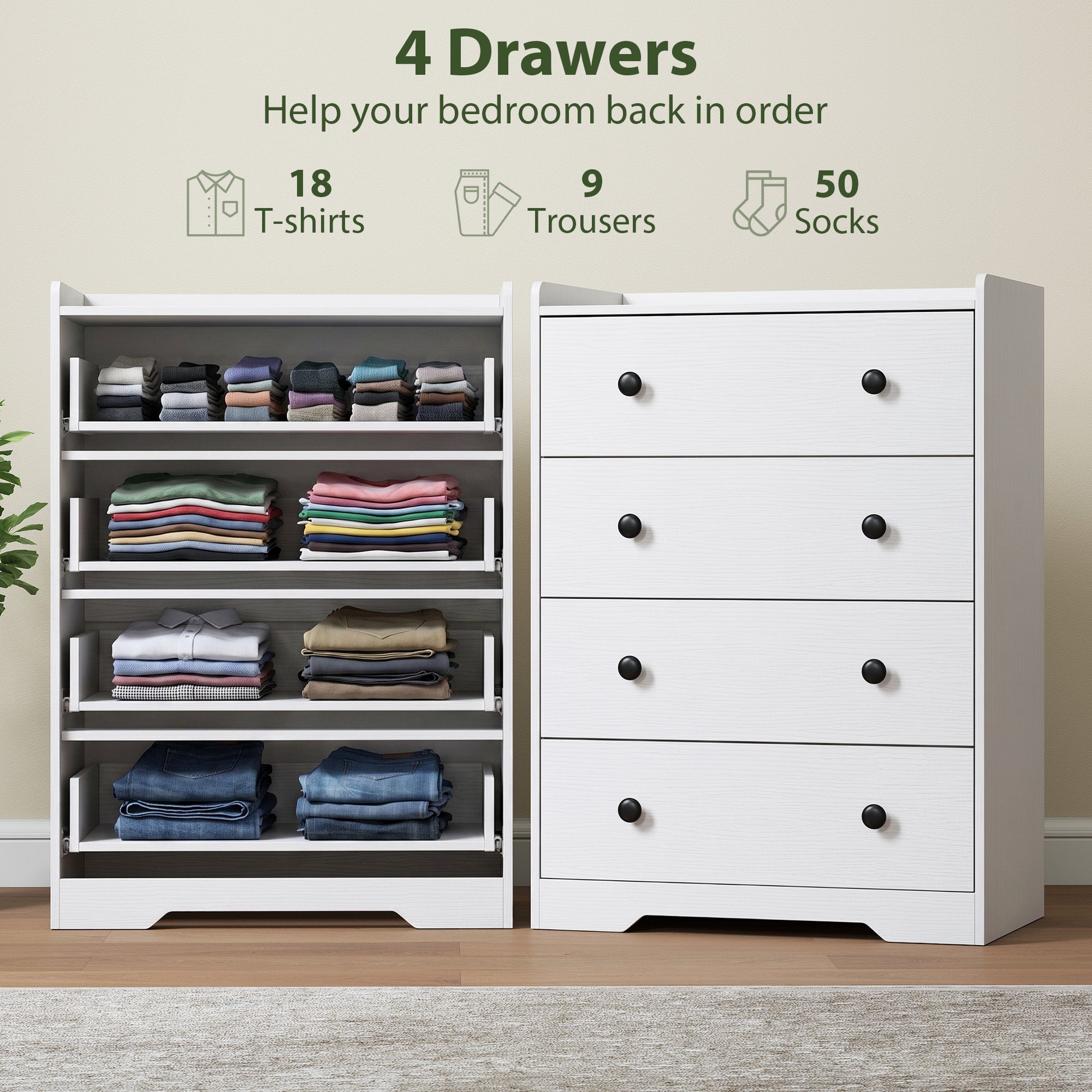 4 Drawer Chest of Drawers, Modern Dresser for Bedroom, Storage Cabinet for Living Room Entryway, White Wood Effect