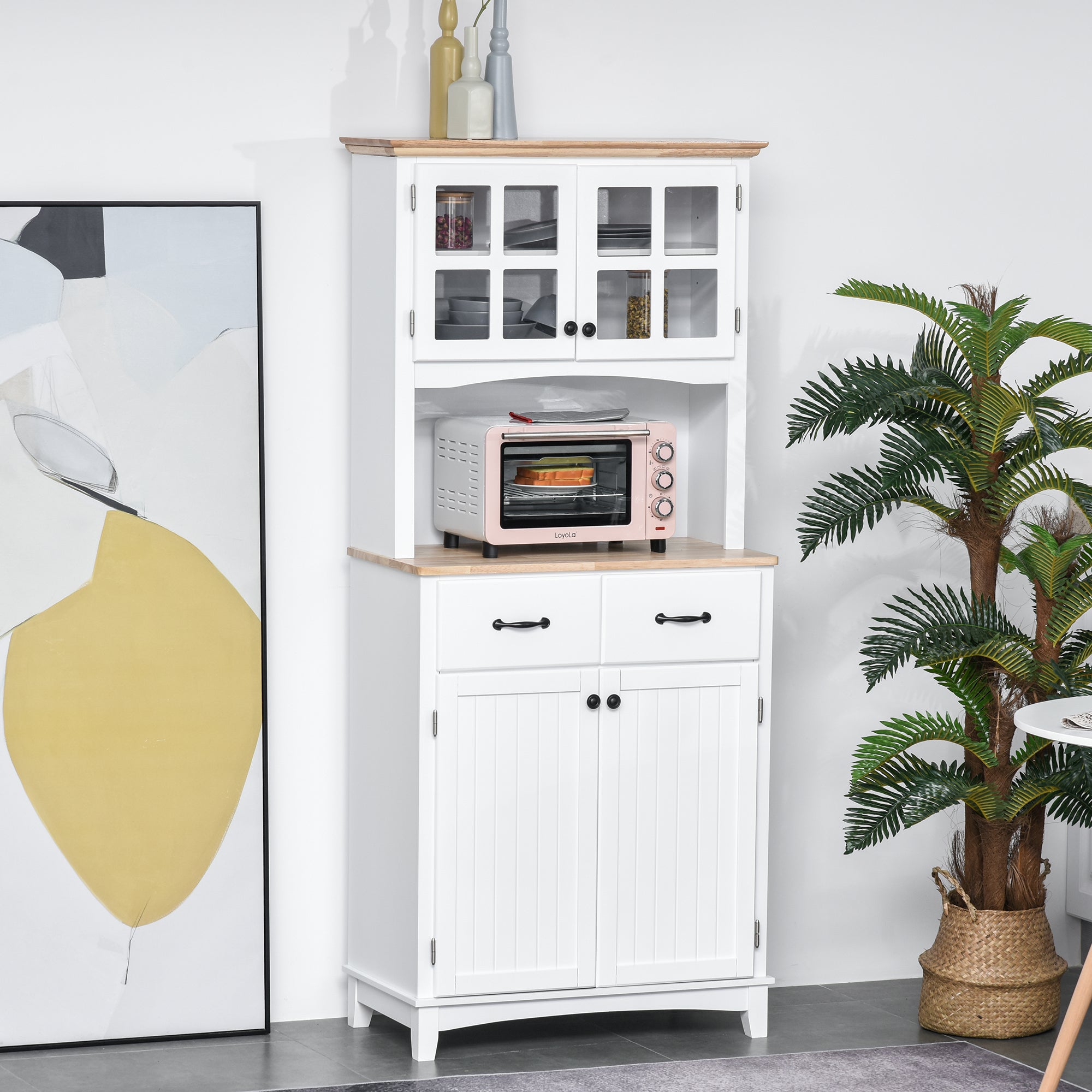 Freestanding Kitchen Cupboard, Kitchen Storage Cabinet with Framed Glass Doors, 2 Drawers, Microwave Counter, 172cm, White