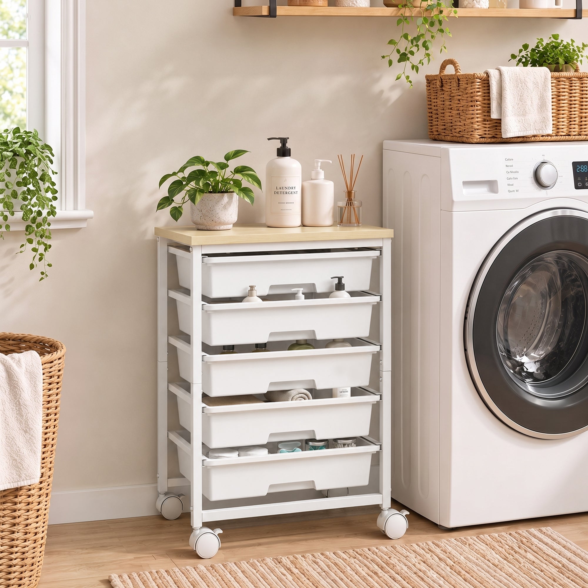 6-Tier Storage Trolley on Wheels, Metal Kitchen Rolling Cart with 5 Pull-Out Drawers, Kitchen Storage Rack for Living Room, Dining Room, Bedroom, Bathroom, White