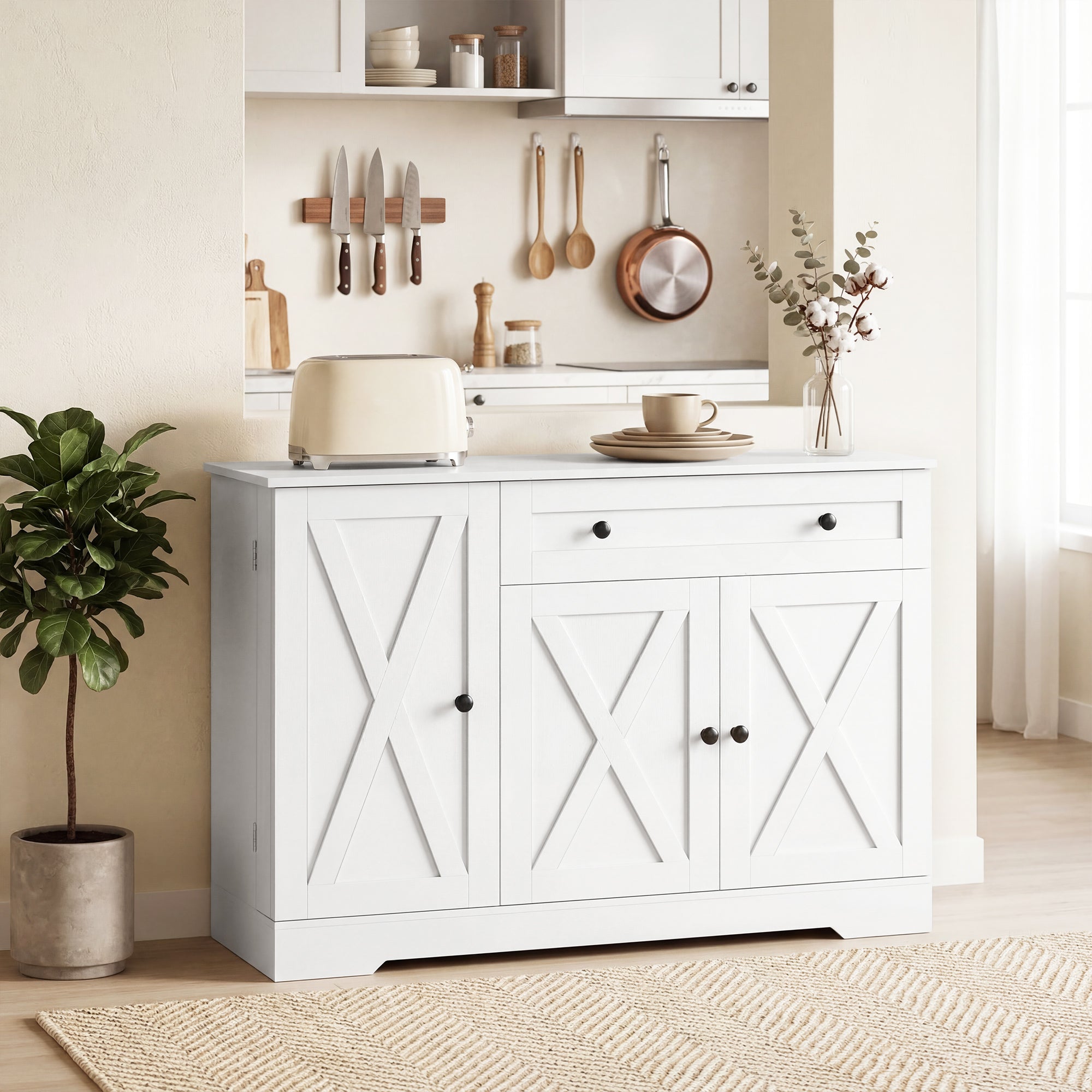 Farmhouse Sideboard Buffet Cabinet with Storage, 47" Coffee Bar Cabinet with 3 Door Shelves, Drawer, Adjustable Shelves and 3 Barn Doors, White