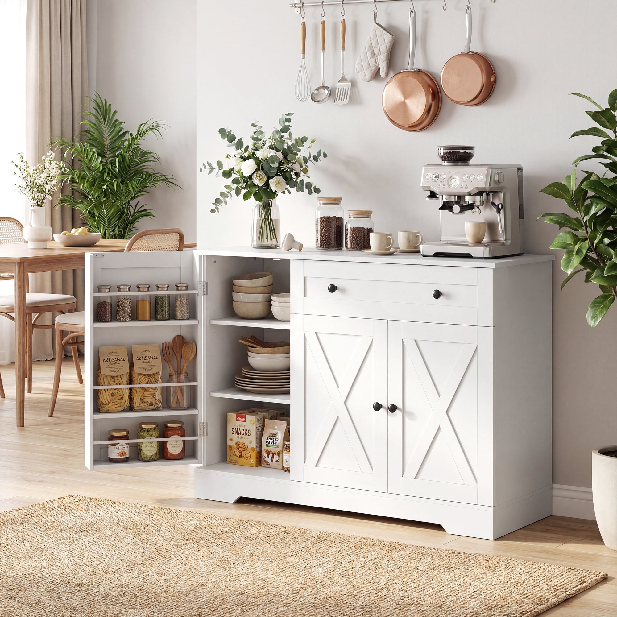 Farmhouse Sideboard Buffet Cabinet with Storage, 47" Coffee Bar Cabinet with 3 Door Shelves, Drawer, Adjustable Shelves and 3 Barn Doors, White