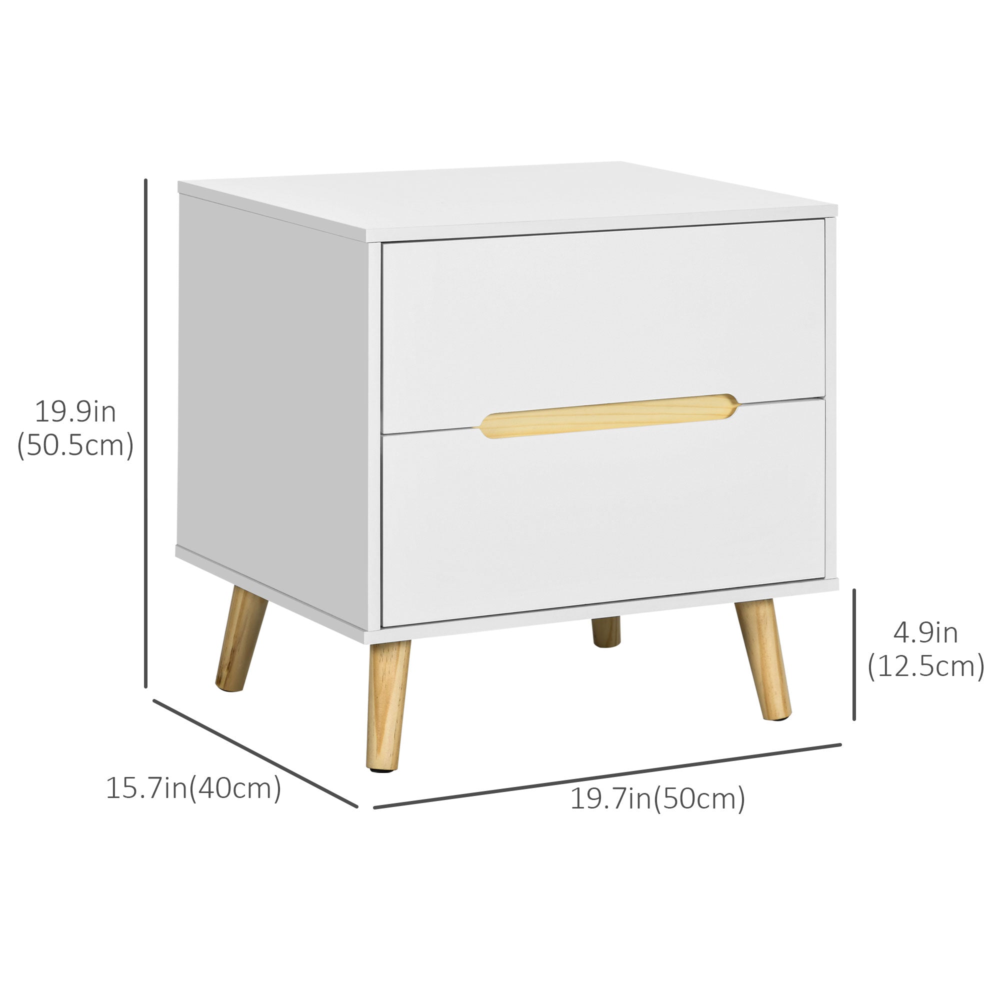 HOMCOM Bedside Table, Nightstand with 2 Drawers, Side Table with Pine Wood Legs for Bedroom, White