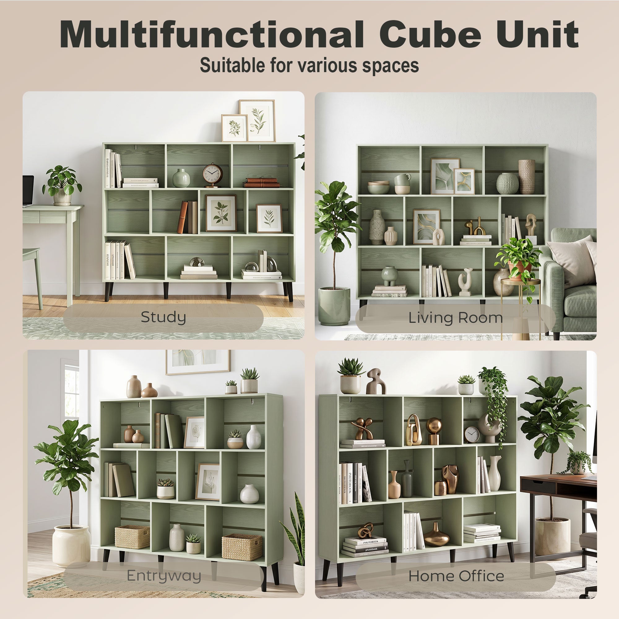 10-Cube Bookshelf, 3-Tier Bookcase with Solid Wood Legs, 140 cm Modern Freestanding Book Shelf with Anti-Tip Kit for Bedroom Living Room Study Office, Light Green