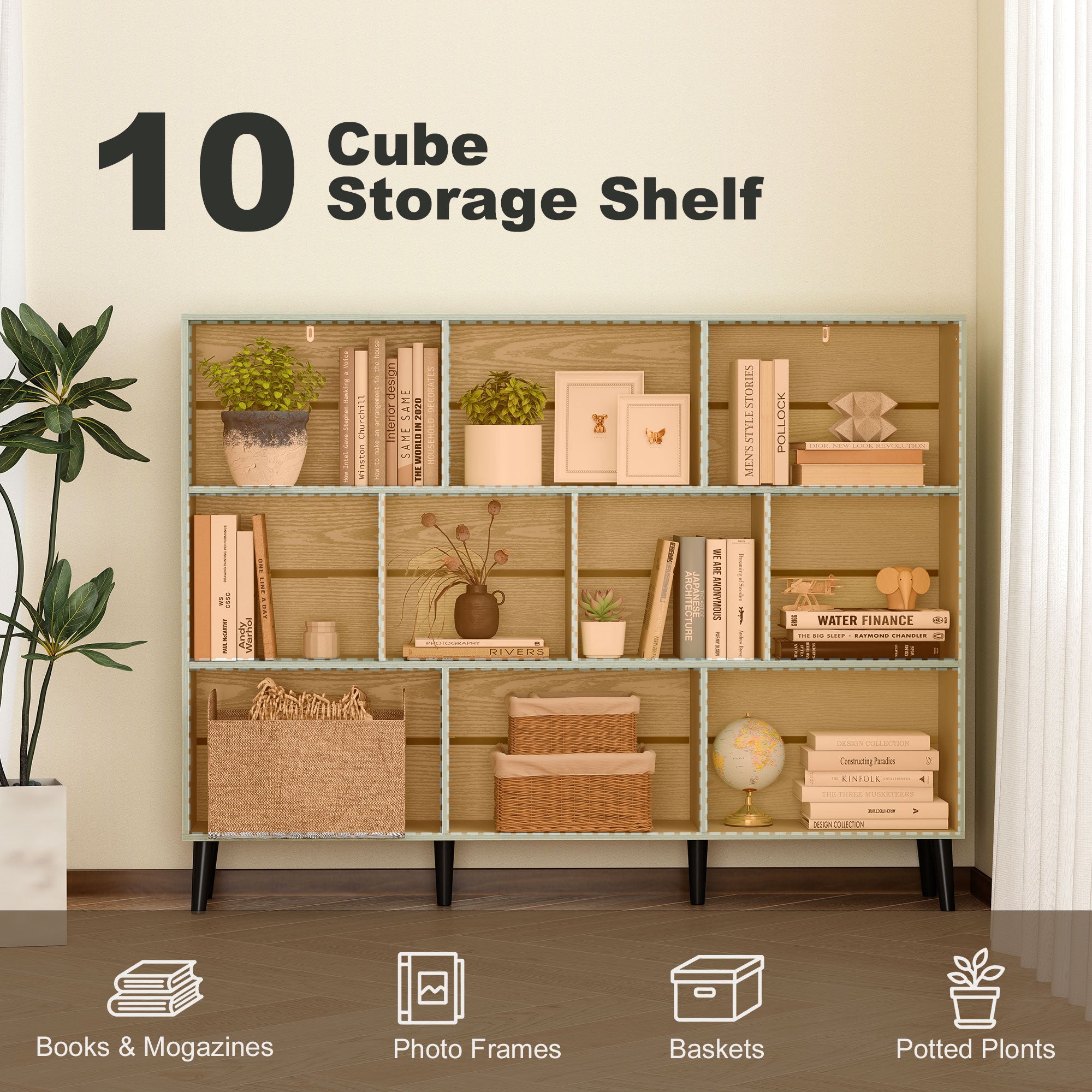 10-Cube Bookshelf, 3-Tier Bookcase with Solid Wood Legs, 140 cm Modern Freestanding Book Shelf with Anti-Tip Kit for Bedroom Living Room Study Office, Light Green
