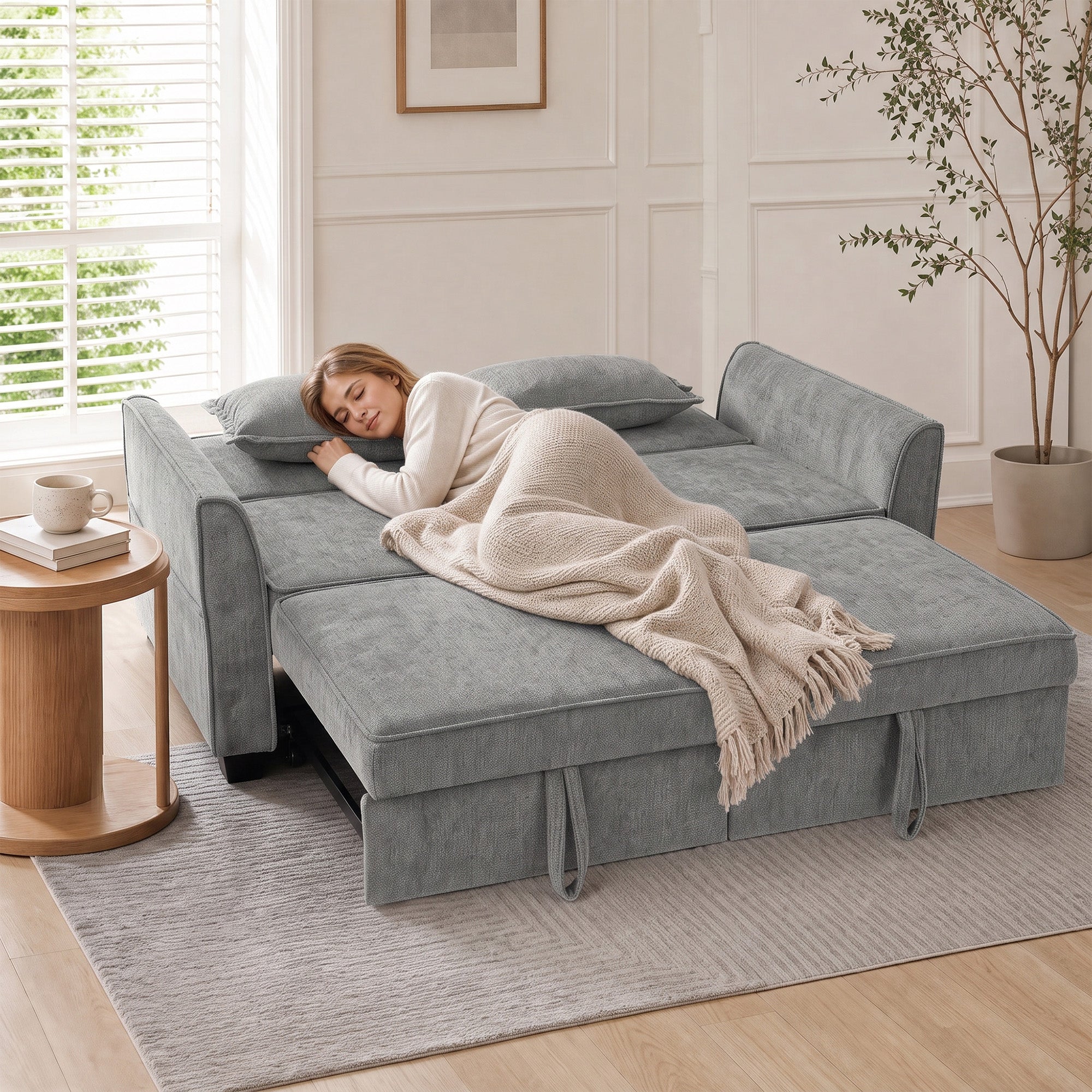 2 Seater Sofa Bed, 4-in-1 L Shaped Convertible Pull Out Sleeper Sofa with Adjustable Backrest, Chenille Loveseat with 2 Pillows, Wide Deep Seat, Side Pockets for Living Room, Grey