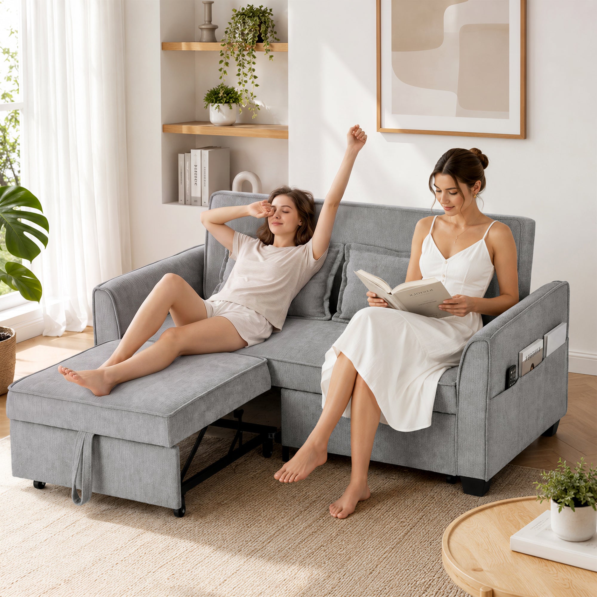 2 Seater Sofa Bed, 4-in-1 L Shaped Convertible Pull Out Sleeper Sofa with Adjustable Backrest, Chenille Loveseat with 2 Pillows, Wide Deep Seat, Side Pockets for Living Room, Grey