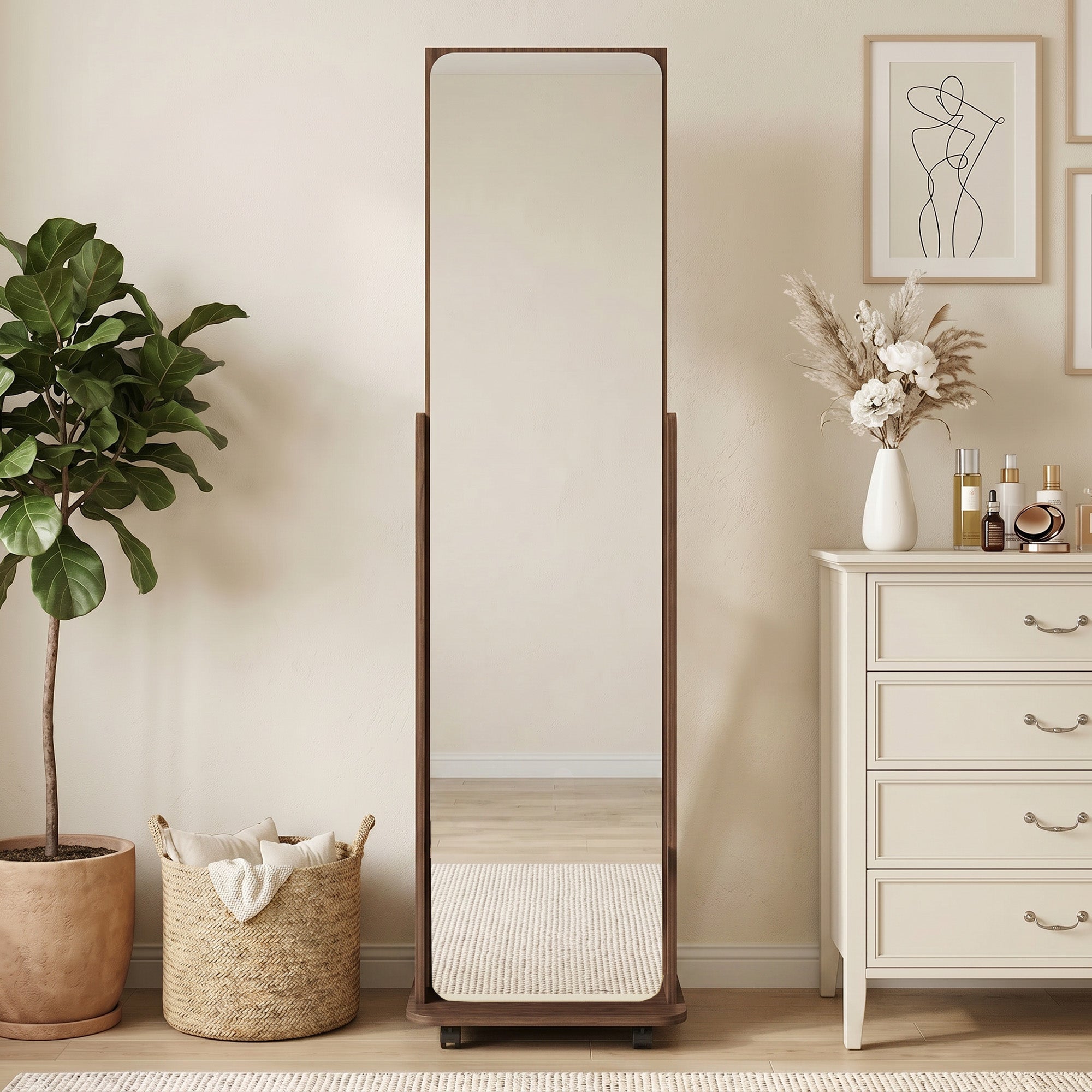 15" x 62" Full Length Mirror, Tempered Glass Floor Mirror on Wheels with Storage Shelves, Coat Hangers for Bedroom, Living Room, Brown Wood Grain