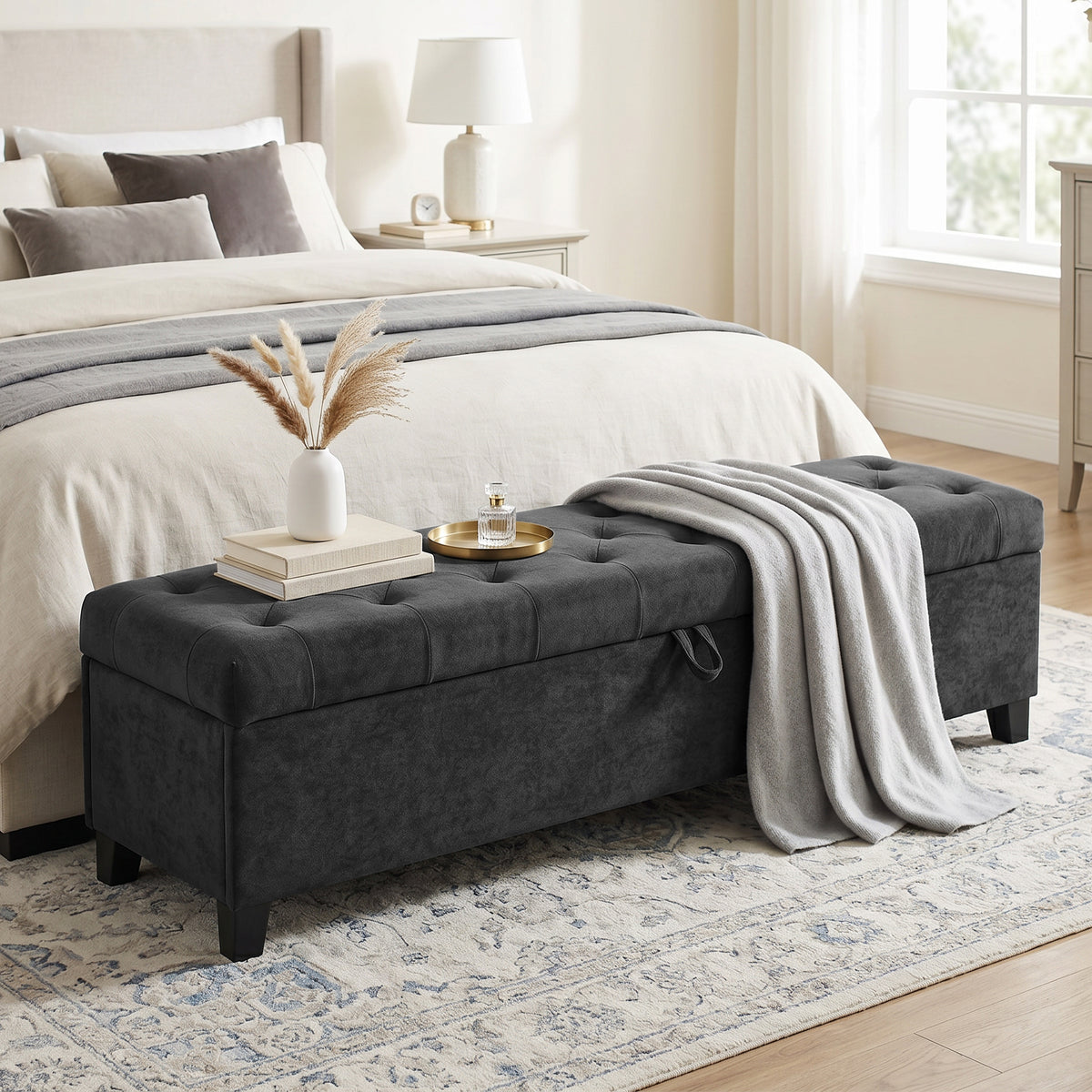 63" Storage Ottoman Bench, End of Bed Bench for Queen/King Bed, 63"x16.1"x17.7", Velvet Fabric Tufted Storage Chest for Living Room, Bedroom, Entryway, 528 lb, Dark Grey