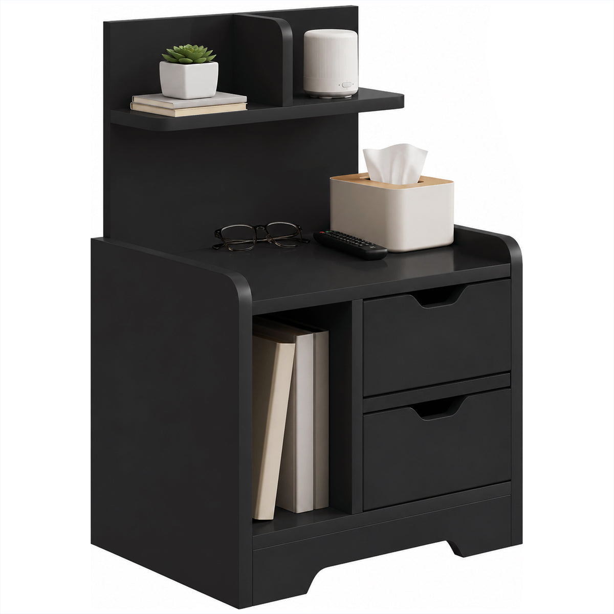 Bedside Table, Small Bedside Cabinet with 2 Drawers and Storage Shelves, Modern Nightstand for Bedroom, Black Wood Effect