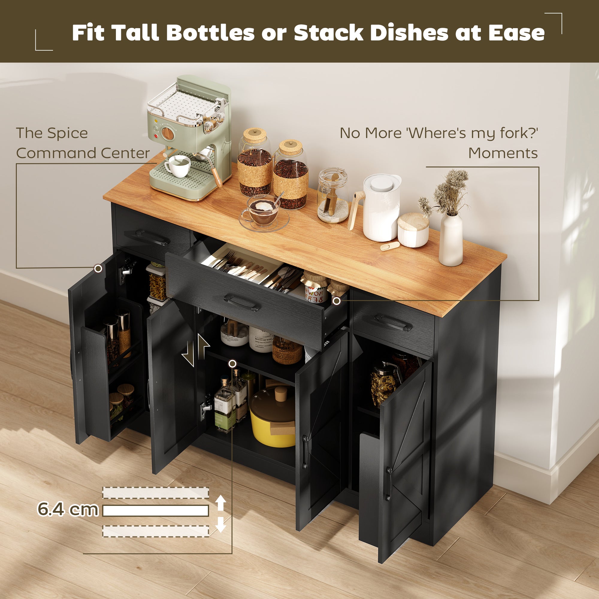 47" Sideboard Buffet Cabinet, Farmhouse Credenza with Soft-Close Hinges, Coffee Bar Cabinet with Spice Racks, 3 Drawers and 3 Adjustable Shelves, Black