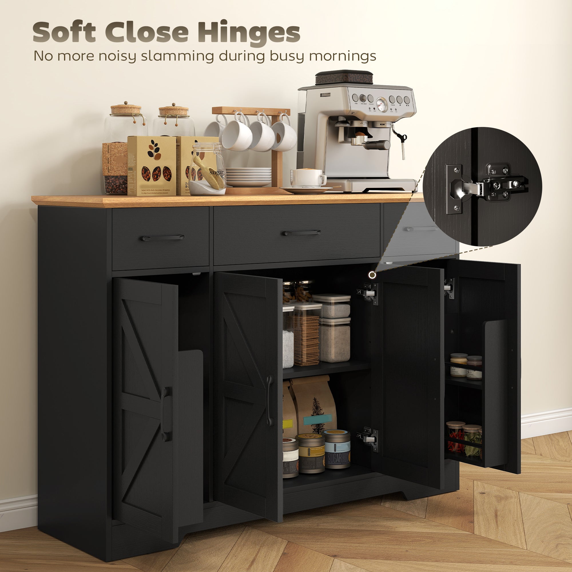 47" Sideboard Buffet Cabinet, Farmhouse Credenza with Soft-Close Hinges, Coffee Bar Cabinet with Spice Racks, 3 Drawers and 3 Adjustable Shelves, Black