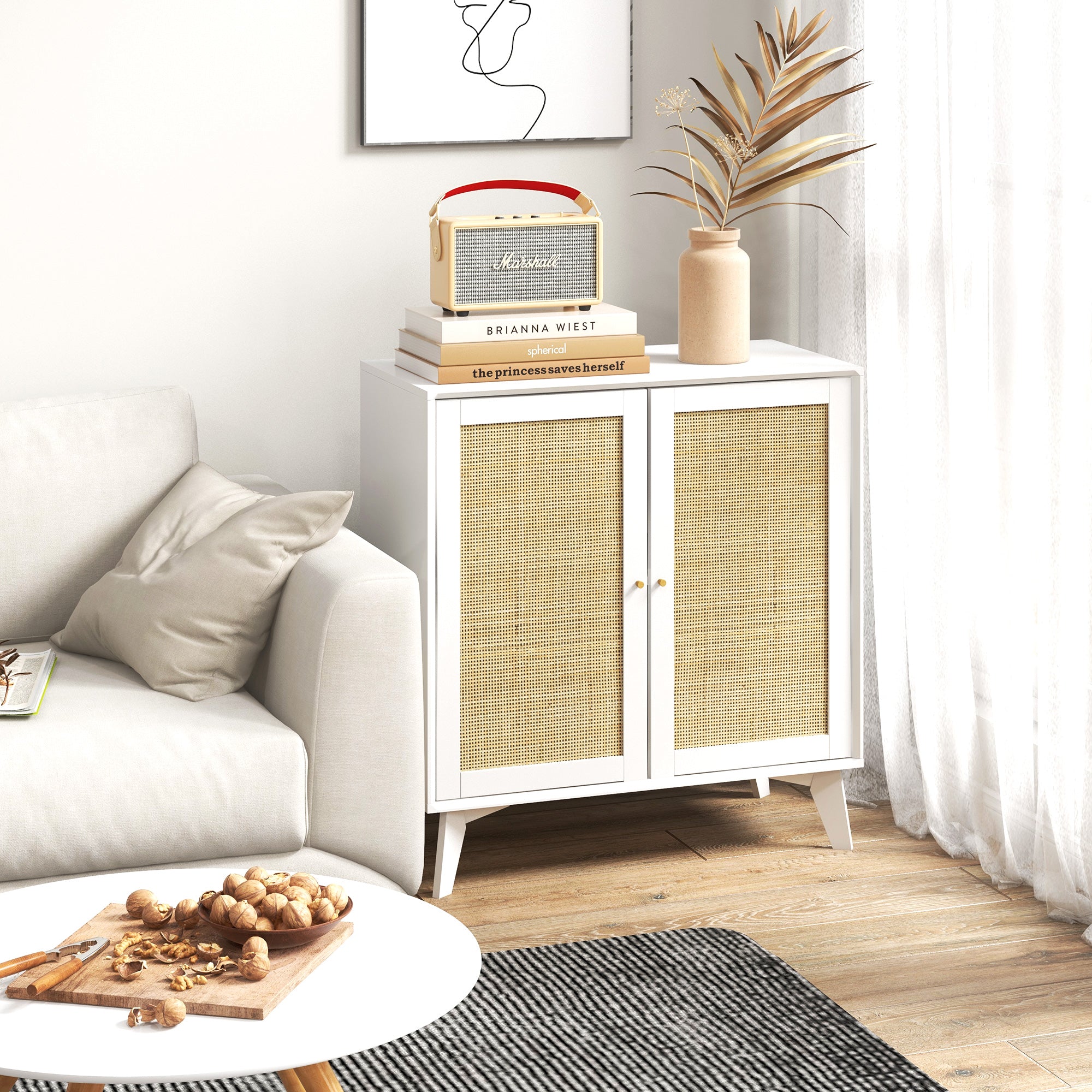 HOMCOM Boho Storage Cabinet, Kitchen Cabinet with 2 Rattan Doors and Adjustable Shelf, White