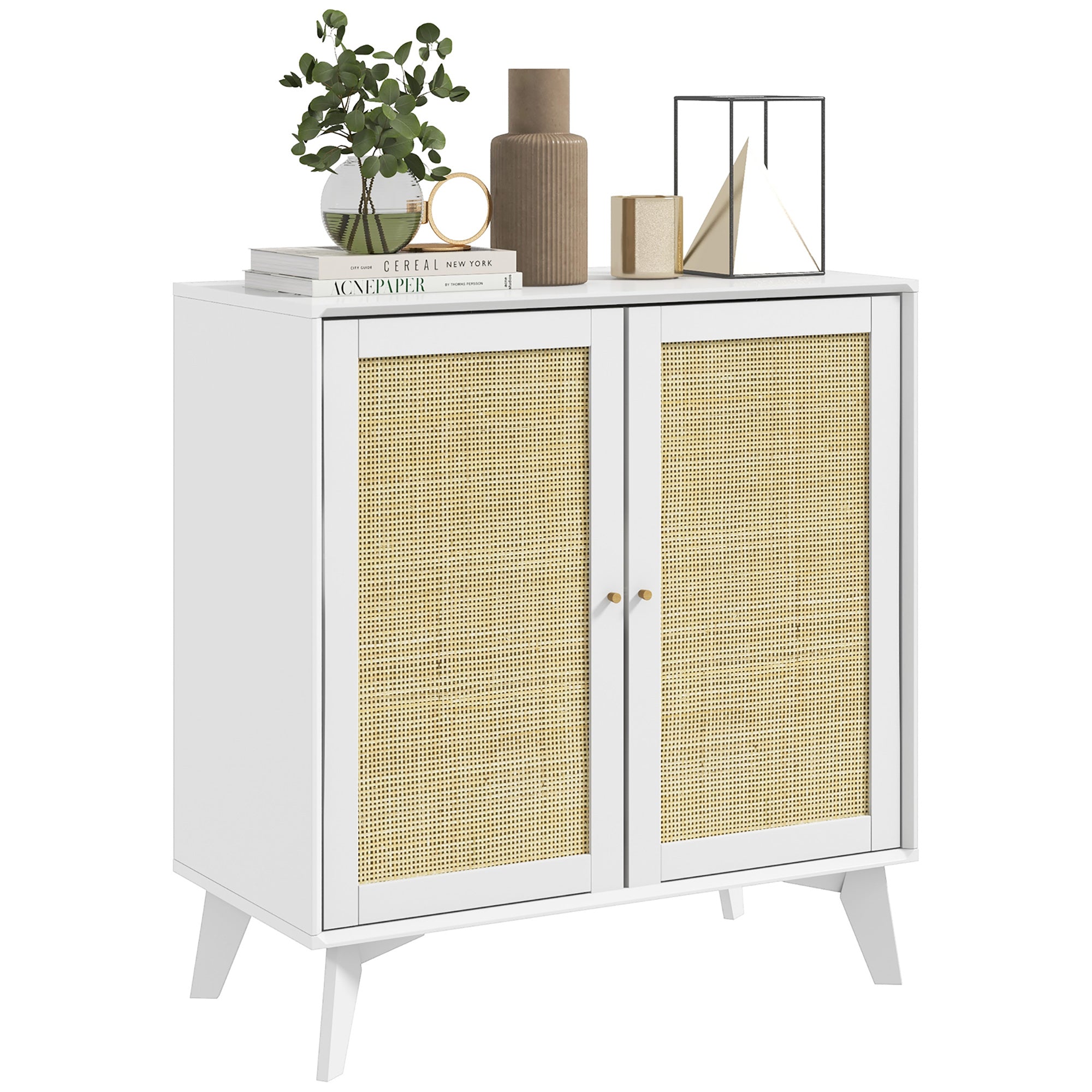 HOMCOM Boho Storage Cabinet, Kitchen Cabinet with 2 Rattan Doors and Adjustable Shelf, White