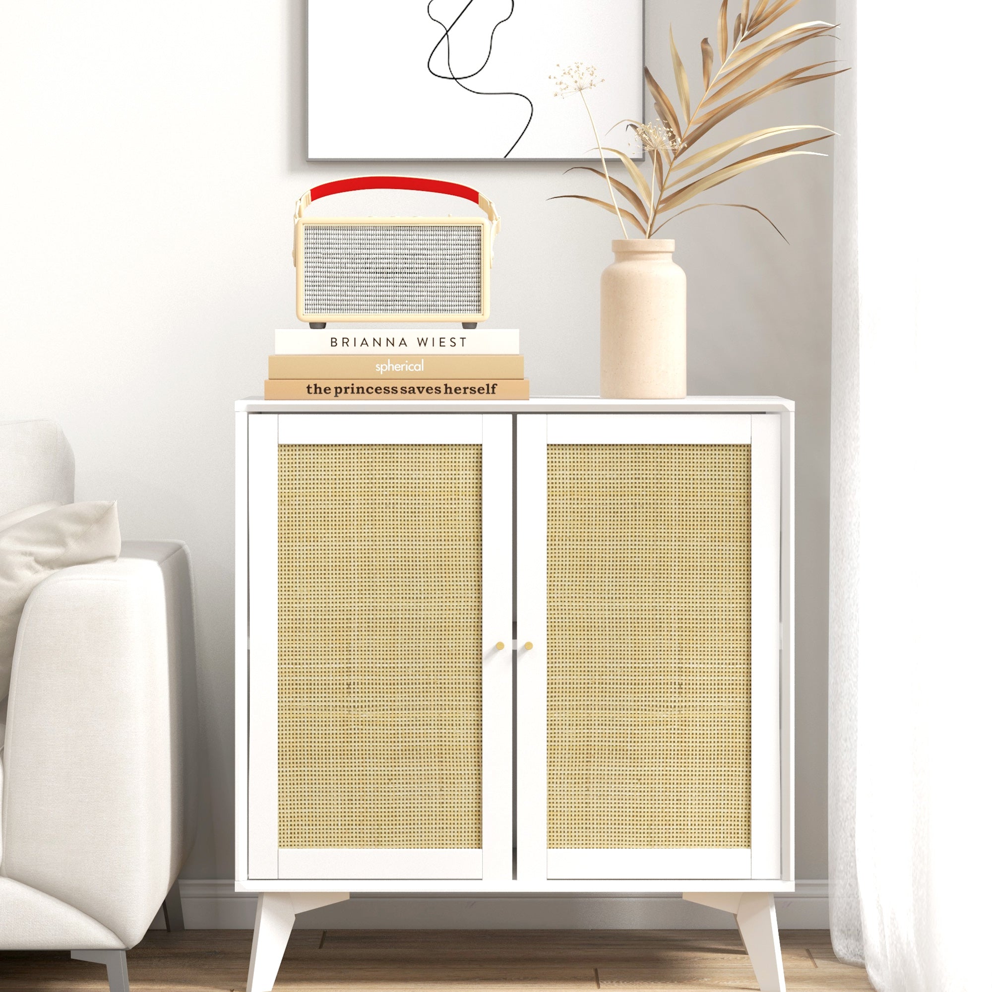 HOMCOM Boho Storage Cabinet, Kitchen Cabinet with 2 Rattan Doors and Adjustable Shelf, White