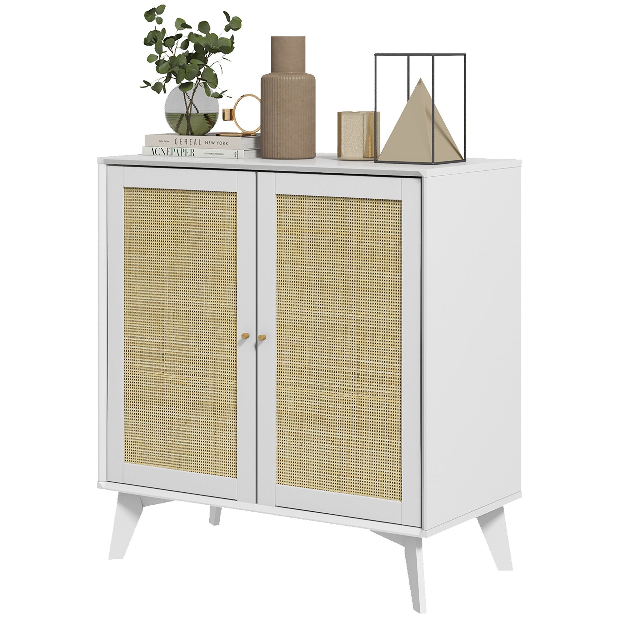 Boho Sideboard Cabinet Freestanding Sideboards and Buffets with 2 Rattan Doors and Adjustable Shelf