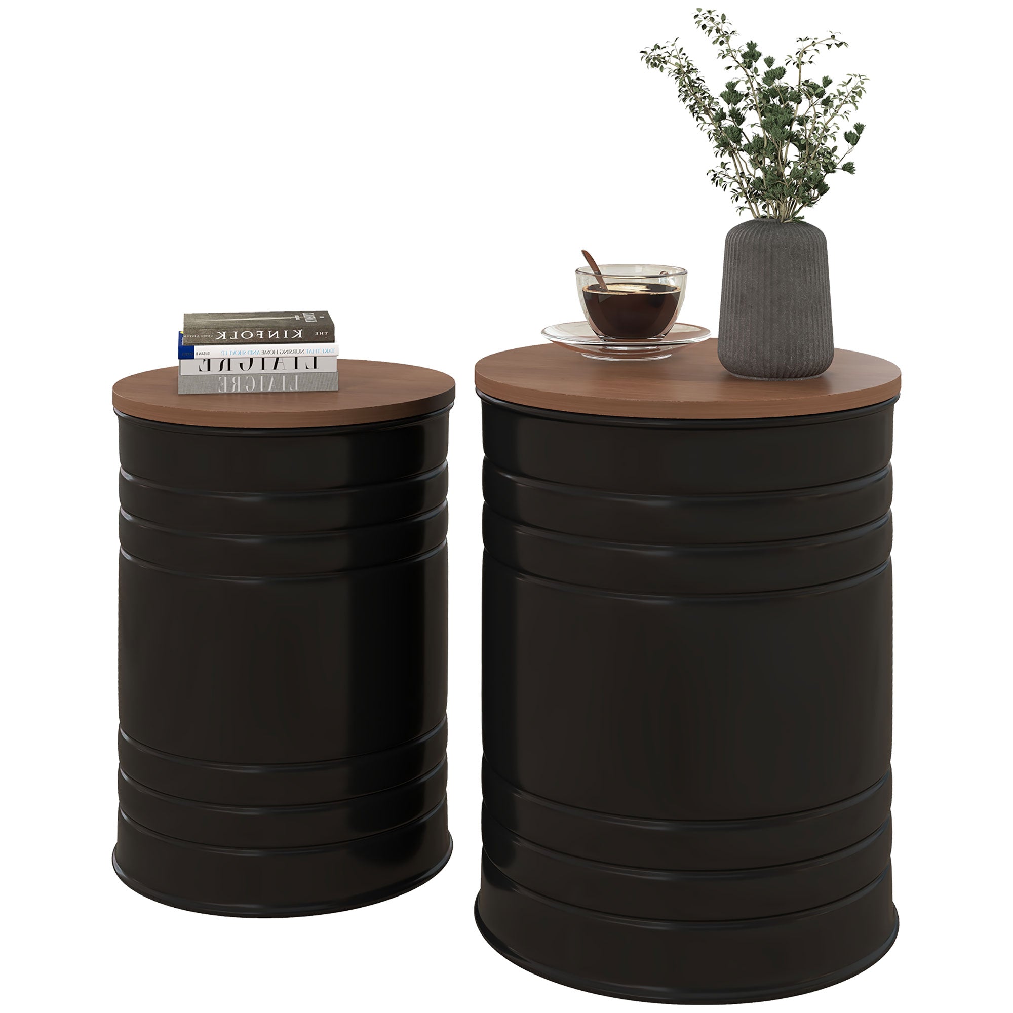 Round Storage Ottoman Set of 2, Nesting Ottomans with Wooden Lid, Metal Frame and Hidden Storage Space for Bedroom