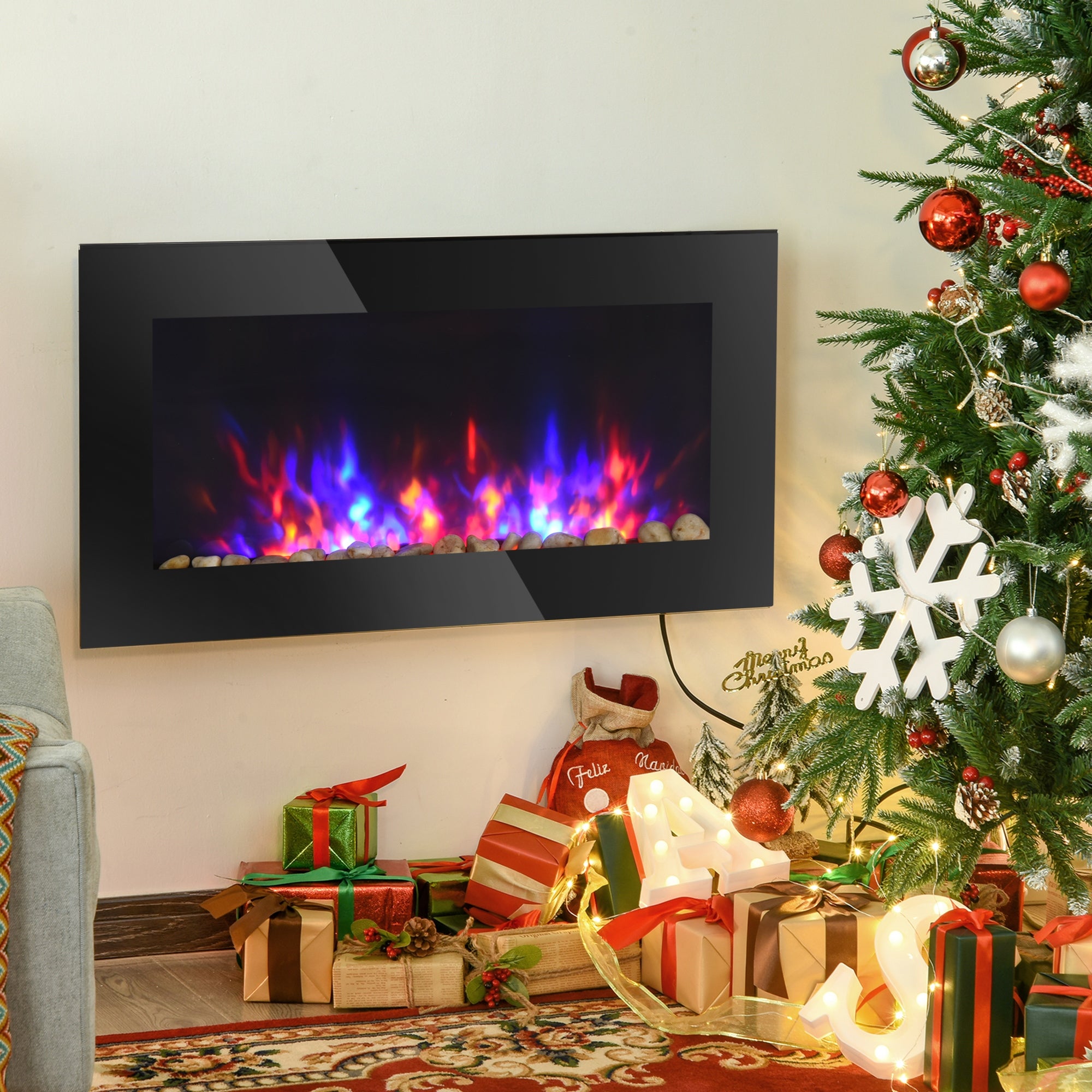 36" 1450W Electric Wall-Mounted Fireplace with Flame Effect, 7 Color Background Light and Side Light, Black