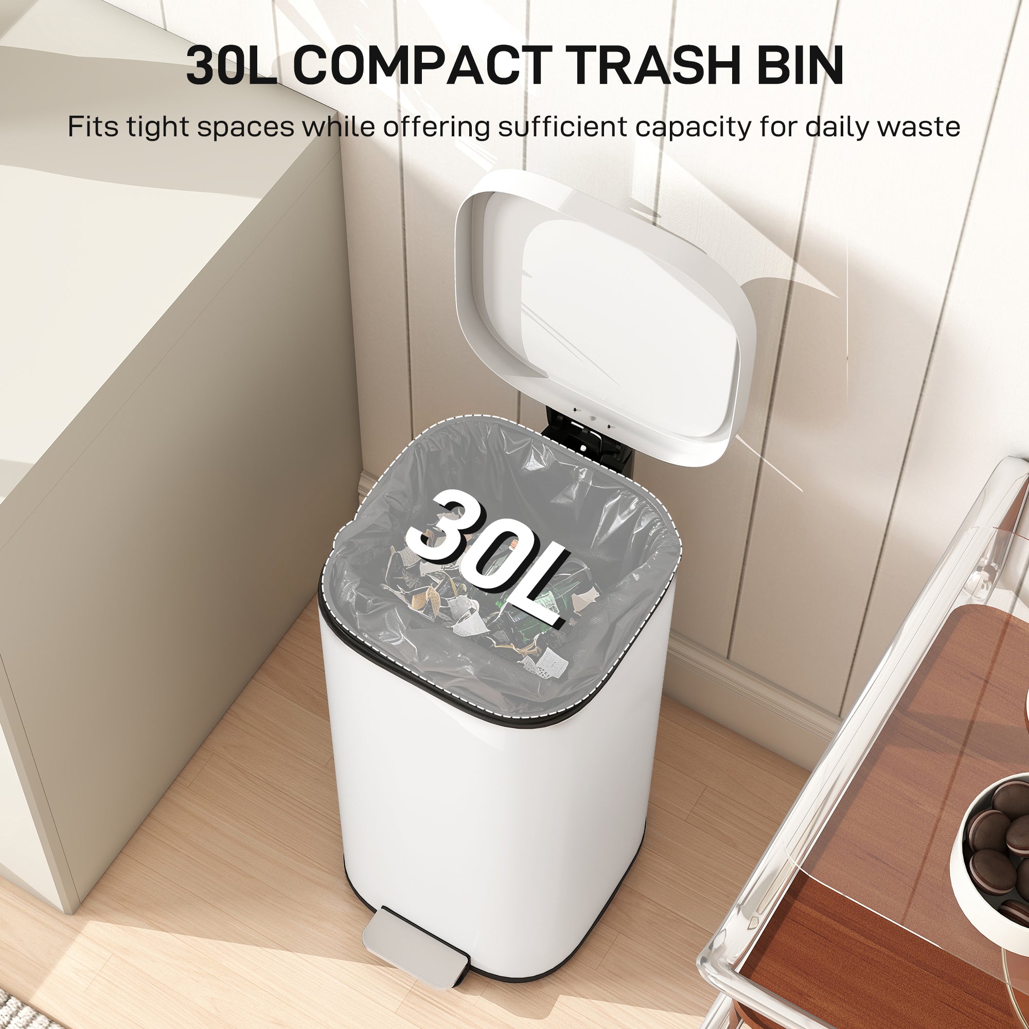 30L Kitchen Bin with Lid, Compact Pedal Bin with Soft-Close and Stay-Open Lid, Removable Inner Bucket, Fingerprint-Resistant for Kitchen, Home, Office, Bedroom, Cream White
