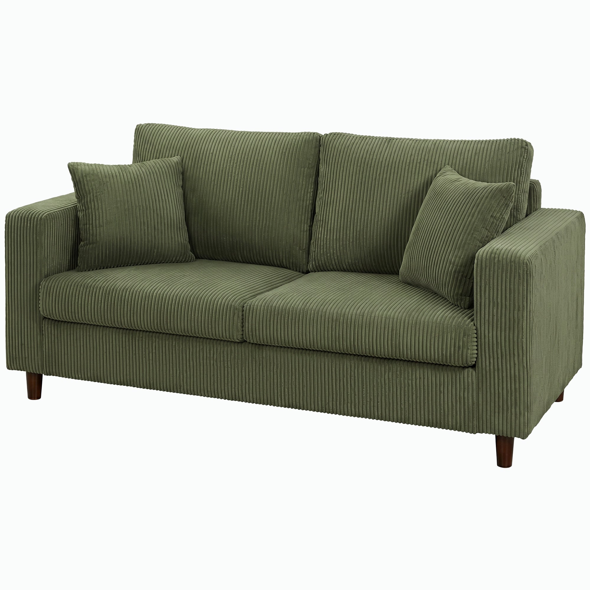 2 Seater Sofa, 170 cm Comfy Corduroy Couch with Wide Deep Seat, Wide Armrests, Spring Cushion, Thick Padded, Solid Wood Legs, Loveseat Sofa for Living Room, Green