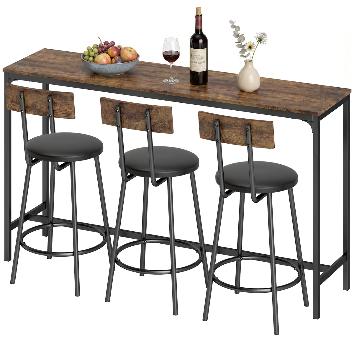4 Piece Counter Height Bar Table Set, Kitchen Dining Table with 3 Upholstered Stools, Footrests, Space-Saving Pub Table & Chairs for Dining Room,  Living Room, Rustic Brown