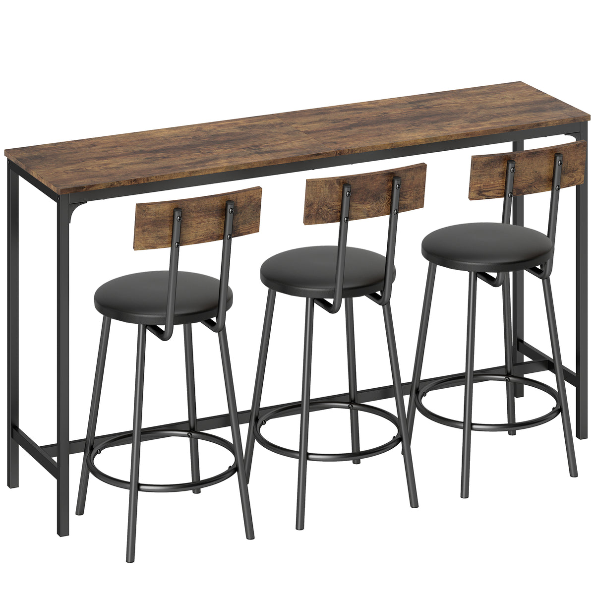 4 Piece Counter Height Bar Table Set, Kitchen Dining Table with 3 Upholstered Stools, Footrests, Space-Saving Pub Table & Chairs for Dining Room,  Living Room, Rustic Brown