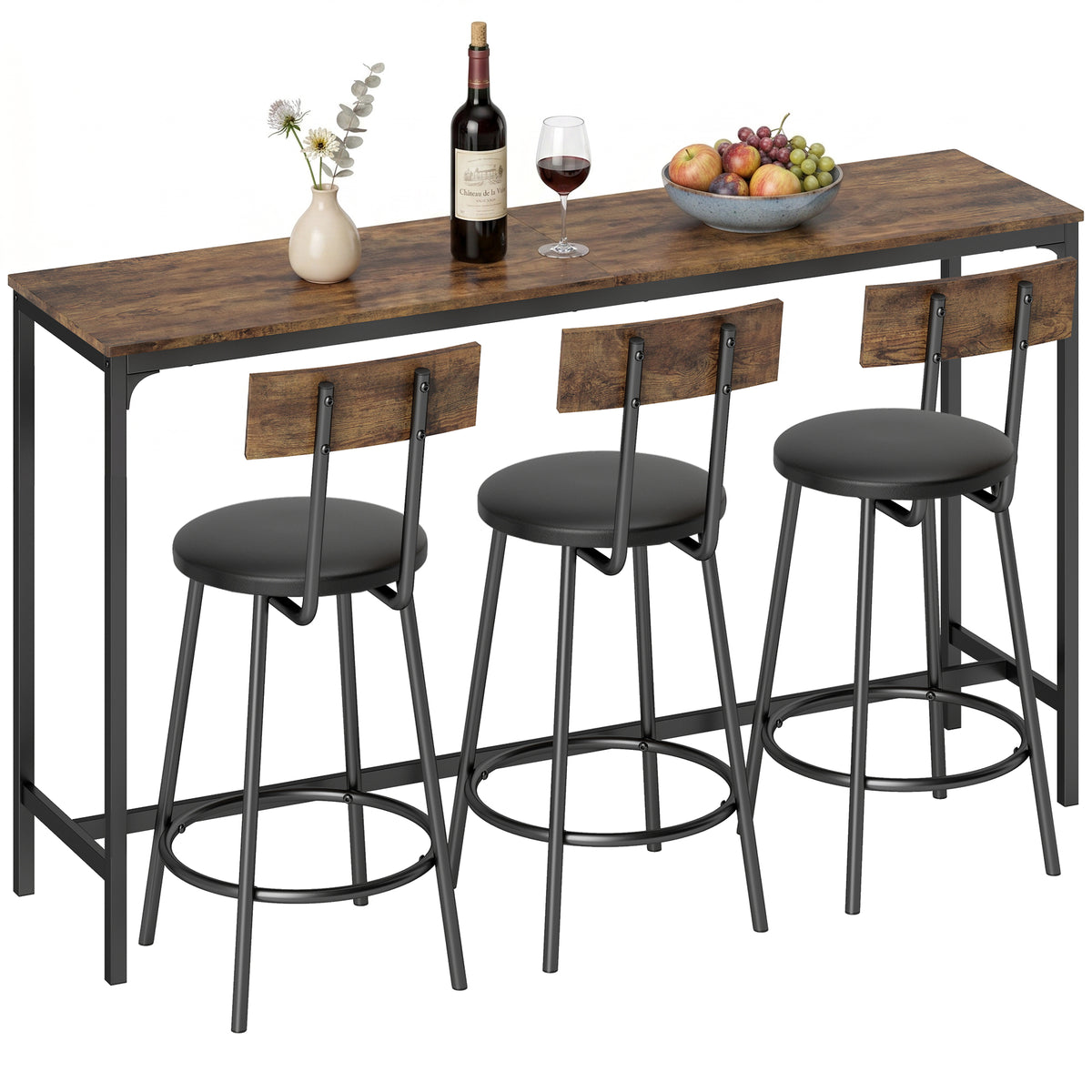 4 Piece Counter Height Bar Table Set, Kitchen Dining Table with 3 Upholstered Stools, Footrests, Space-Saving Pub Table & Chairs for Dining Room,  Living Room, Rustic Brown