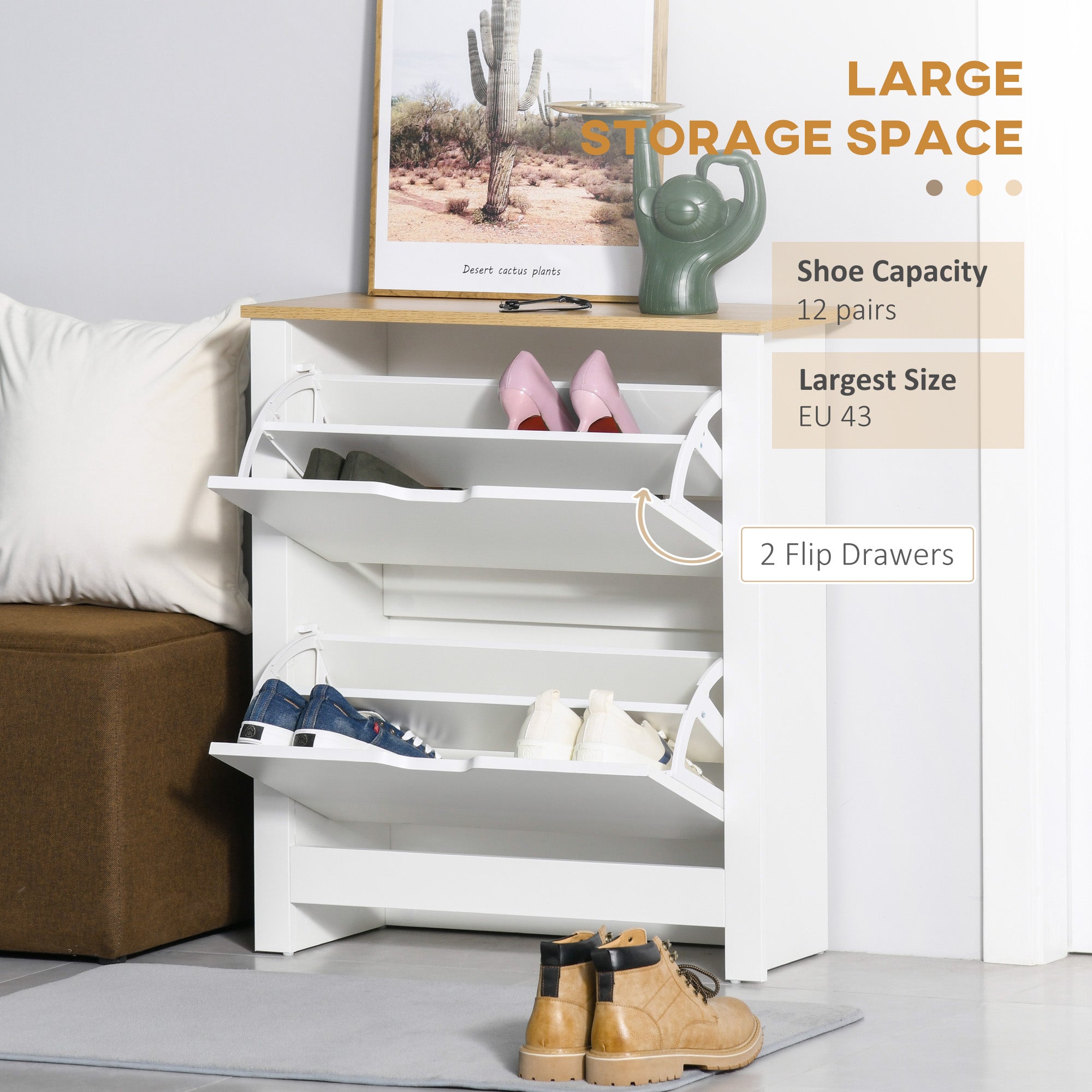 HOMCOM Narrow Shoe Cabinet, Space Saving Shoe Storage Cabinet with 2 Flip Drawers and Adjustable Shelves for 12 Pairs of Shoes for Hallway and Living Room, White