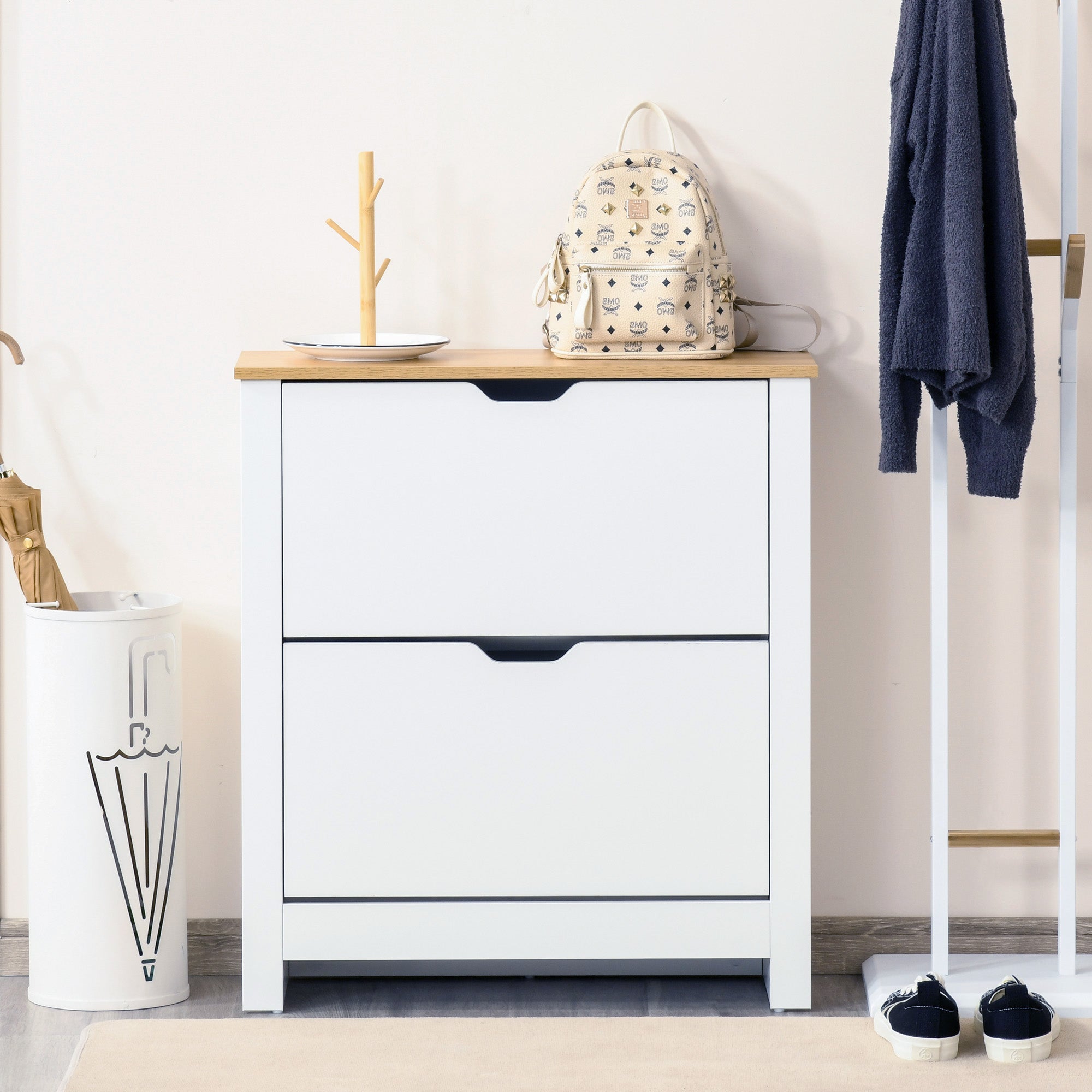 HOMCOM Narrow Shoe Cabinet, Space Saving Shoe Storage Cabinet with 2 Flip Drawers and Adjustable Shelves for 12 Pairs of Shoes for Hallway and Living Room, White