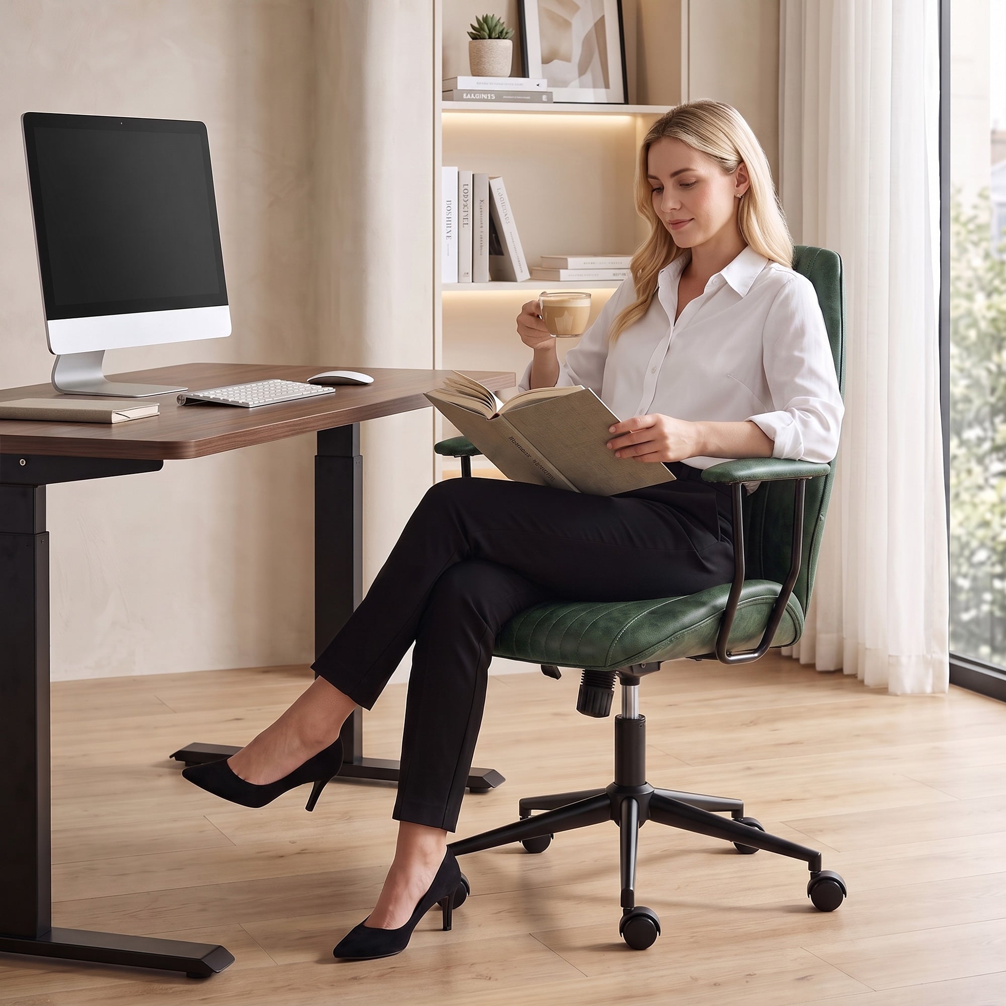 Home Office Desk Chair, PU Leather Computer Chair with Padded Arms, Mid Back, 360° Swivel, Adjustable Height, Tilt Function, Rolling Wheels, Vintage Style for Task, Study, Work, Green