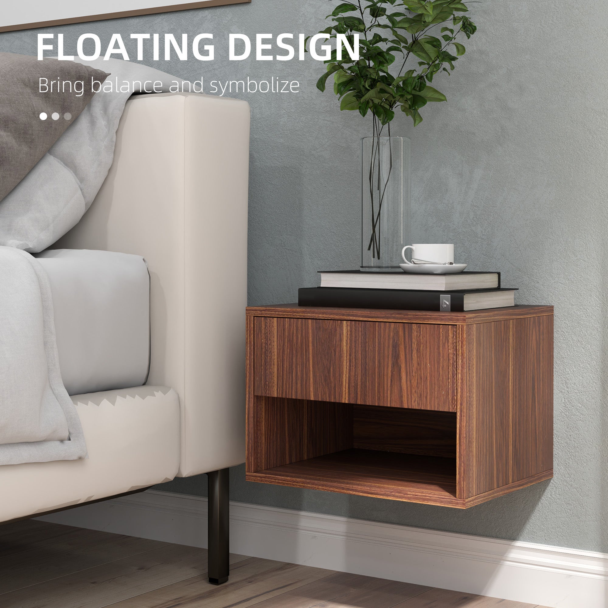 HOMCOM Floating Nightstand Set of 2, Wall Mounted Bedside Table with Drawer and Shelf, End Table for Bedroom, Brown