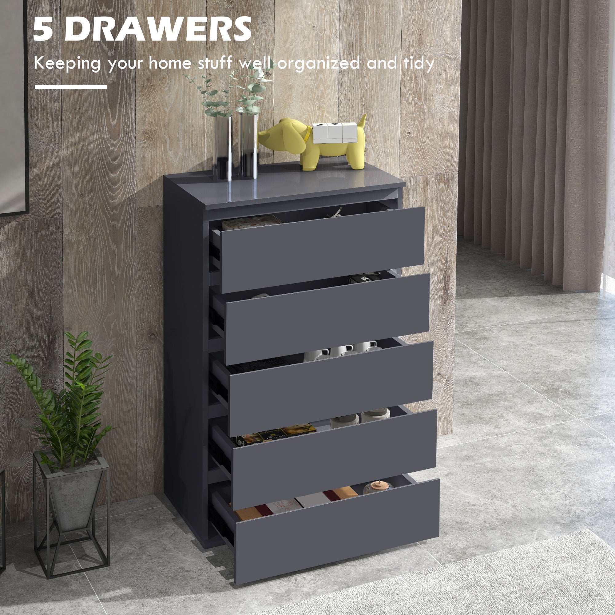 HOMCOM High Gloss Chest of Drawers, 5 Drawers Dresser, Modern Storage Drawer Unit with Soft Closing Mechanism for Bedroom, Grey