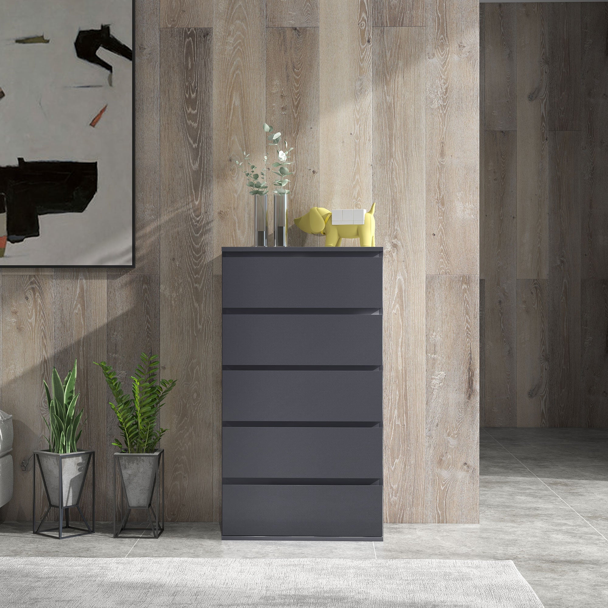 HOMCOM High Gloss Chest of Drawers, 5 Drawers Dresser, Modern Storage Drawer Unit with Soft Closing Mechanism for Bedroom, Grey