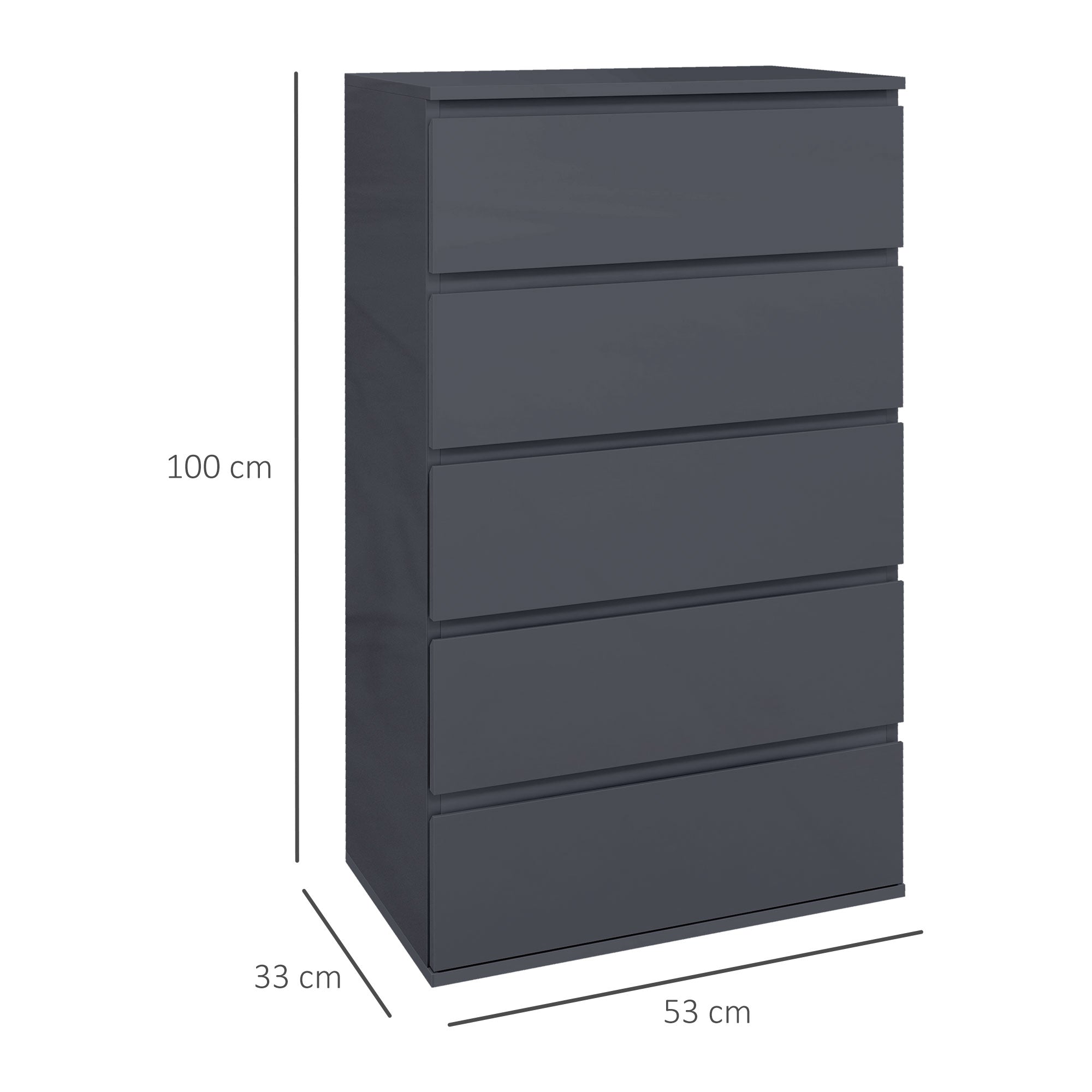 HOMCOM High Gloss Chest of Drawers, 5 Drawers Dresser, Modern Storage Drawer Unit with Soft Closing Mechanism for Bedroom, Grey