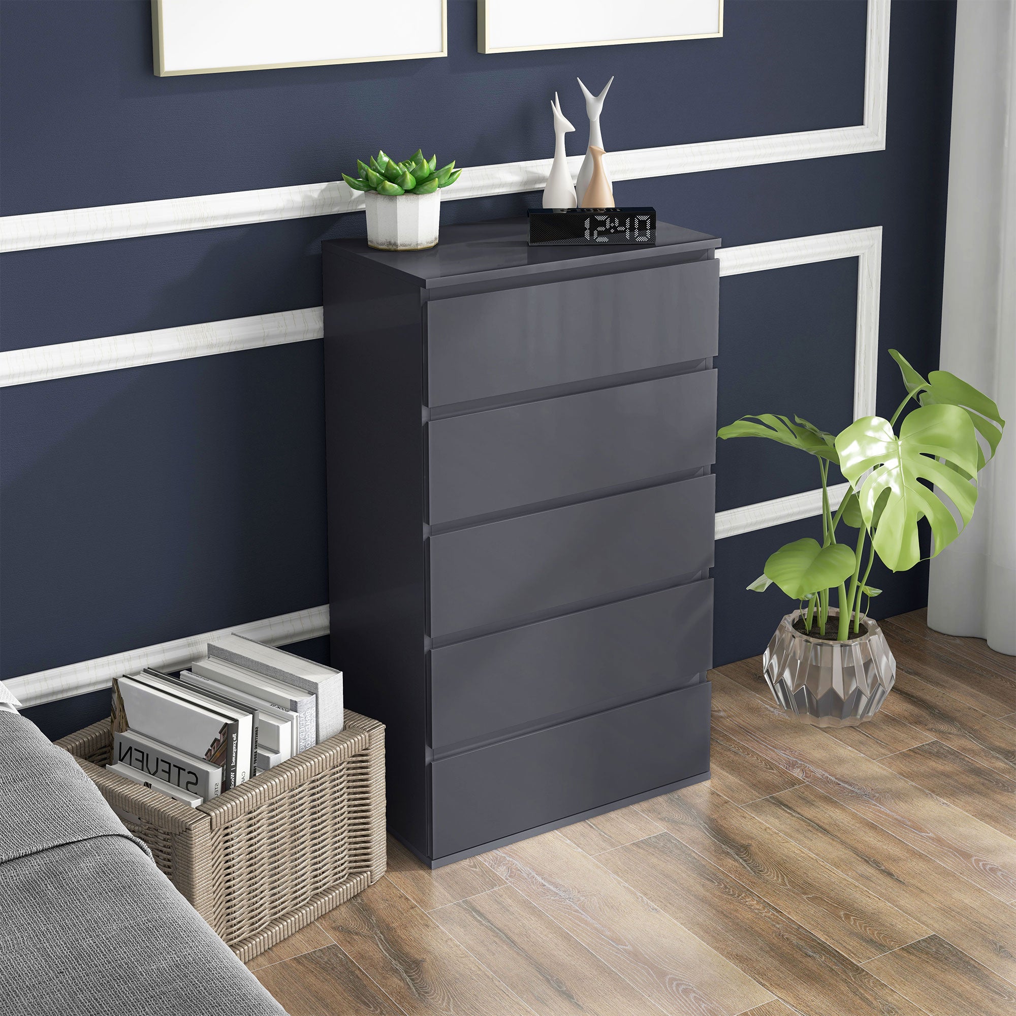 HOMCOM High Gloss Chest of Drawers, 5 Drawers Dresser, Modern Storage Drawer Unit with Soft Closing Mechanism for Bedroom, Grey