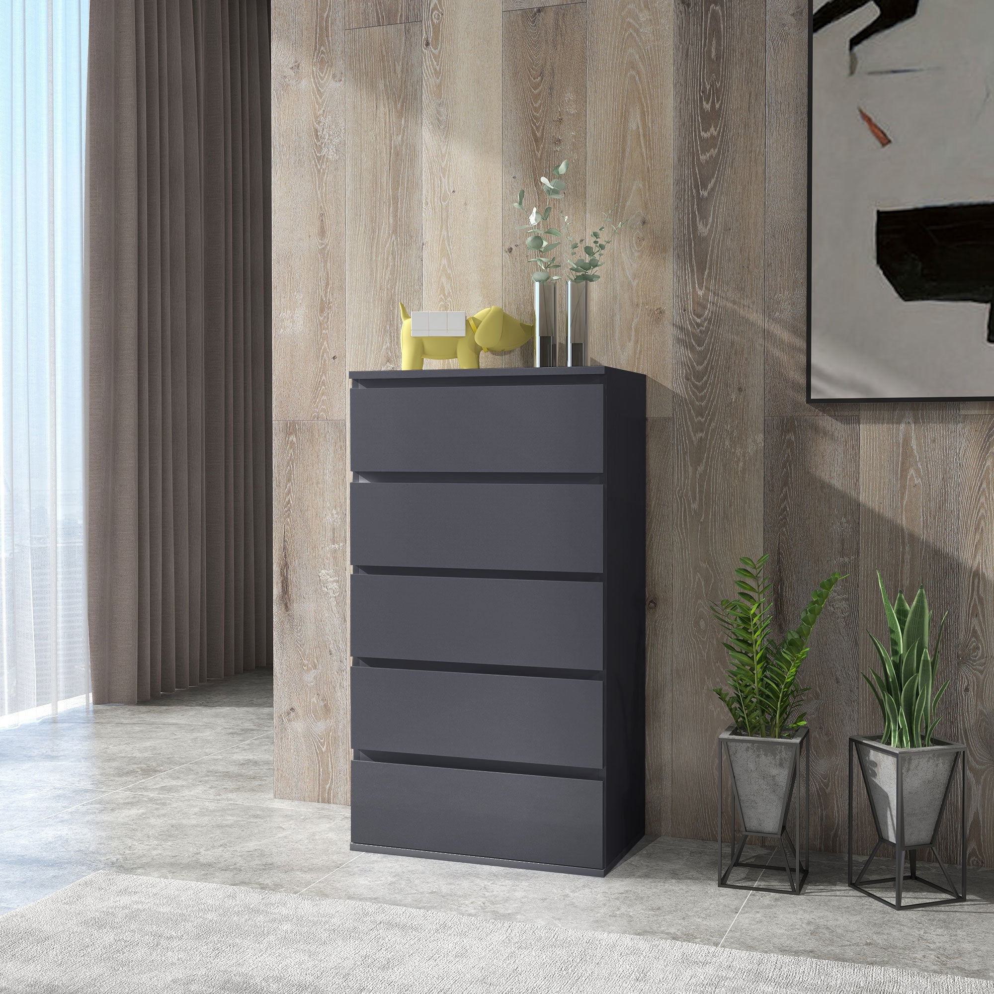 HOMCOM High Gloss Chest of Drawers, 5 Drawers Dresser, Modern Storage Drawer Unit with Soft Closing Mechanism for Bedroom, Grey