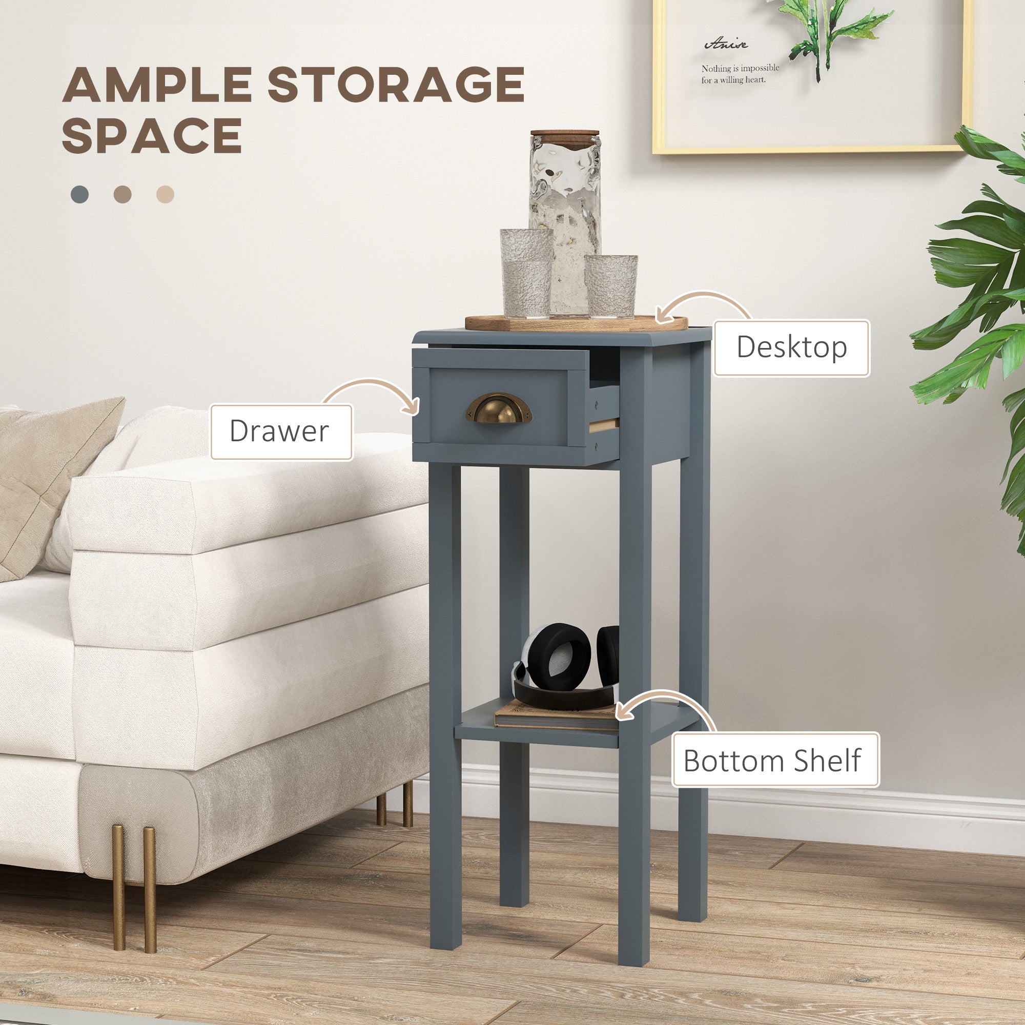 2 Tier Side Tables Set of 2 with Drawer and Shelf 2 Pieces End Tables for Living Room Gray