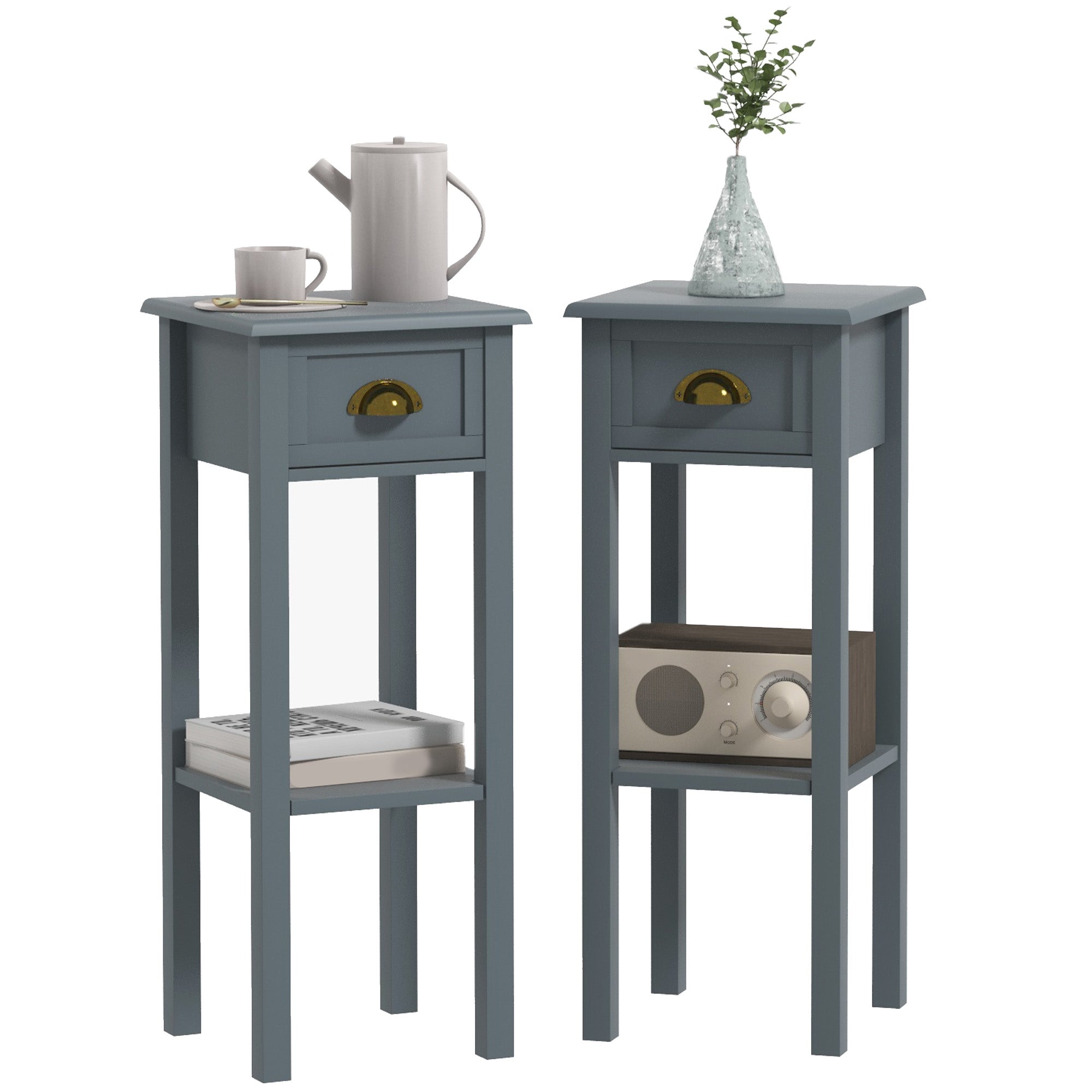 2 Tier Side Tables Set of 2 with Drawer and Shelf 2 Pieces End Tables for Living Room Gray