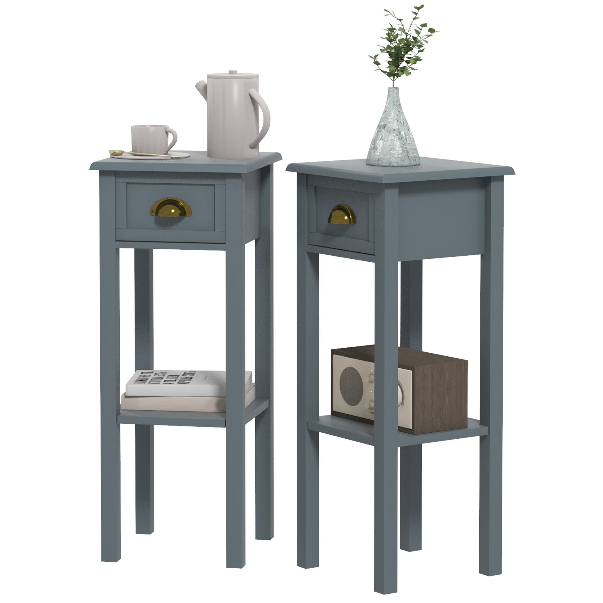 2 Tier Side Tables Set of 2 with Drawer and Shelf 2 Pieces End Tables for Living Room Gray