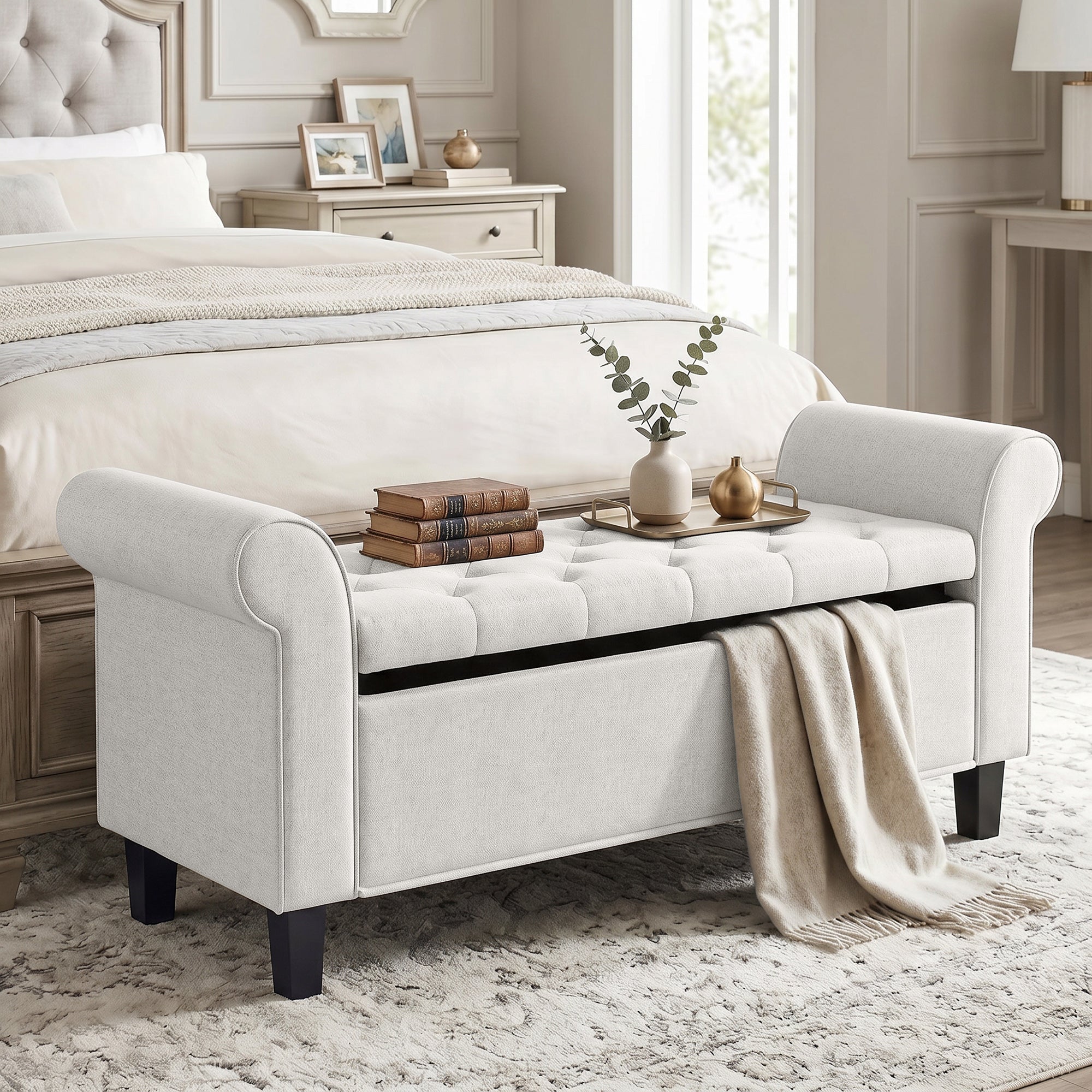 47" Storage Ottoman Bench, Tufted Long Ottoman with Storage Chest, Rolled Arms, Safety Hinge, Wooden Legs, Upholstered End of Bed Bench, 528 lbs for Bedroom, Entryway, Living Room, Cream White