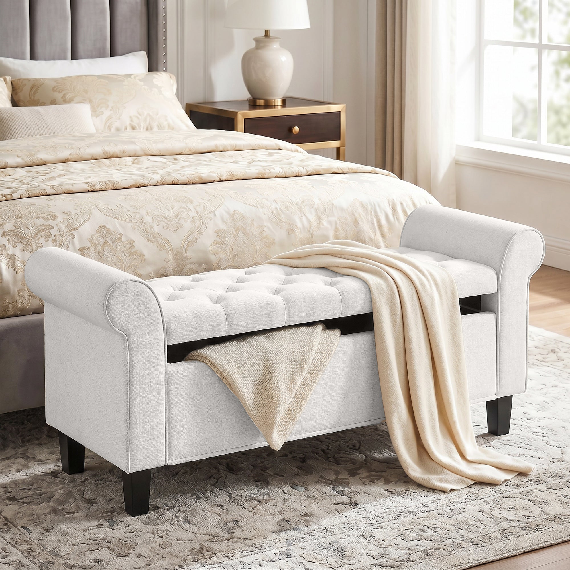 47" Storage Ottoman Bench, Tufted Long Ottoman with Storage Chest, Rolled Arms, Safety Hinge, Wooden Legs, Upholstered End of Bed Bench, 528 lbs for Bedroom, Entryway, Living Room, Cream White