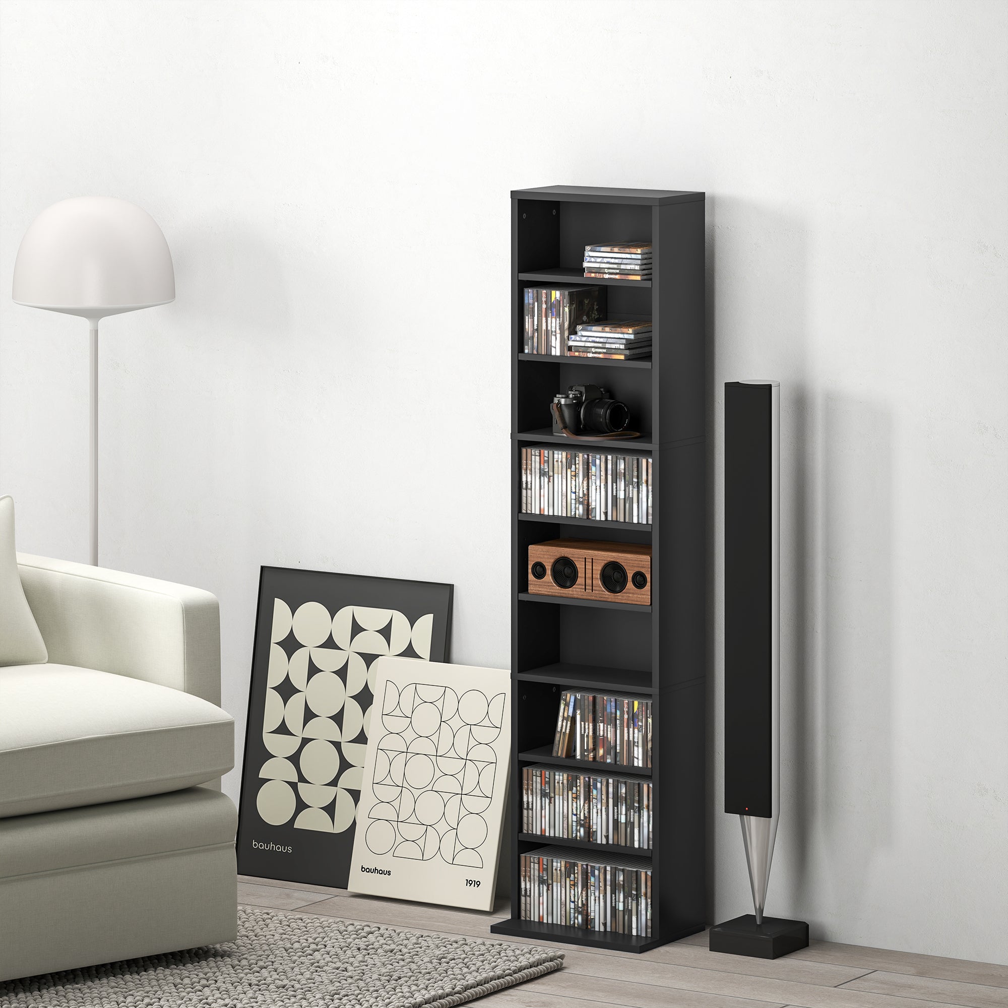 Media Storage Cabinet, 9-Tier Tall Narrow DVD Shelf with 6 Adjustable Shelves, Display Shelf, Holds 260 CDs, 120 DVDs, Black